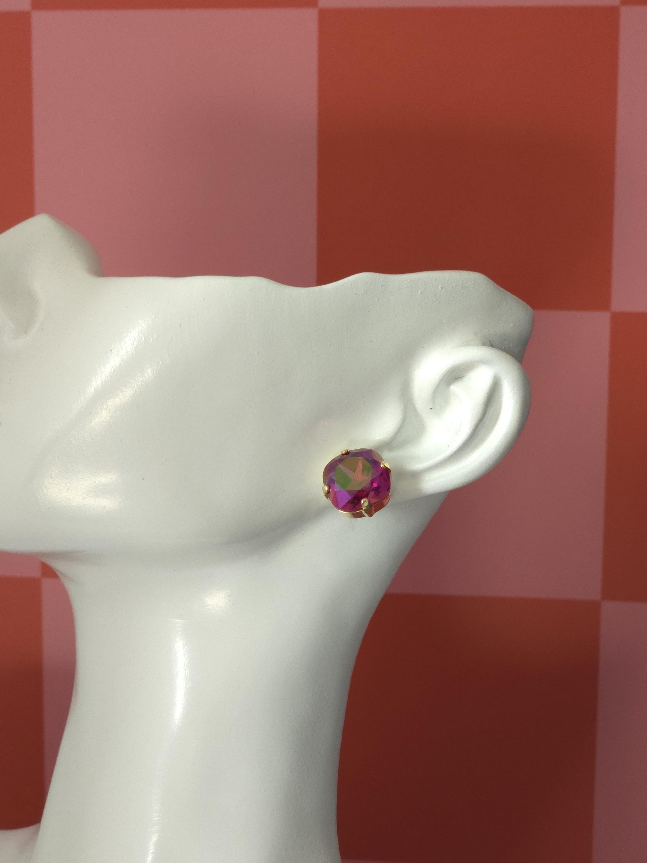 Painted Rose Swarovski Crystal Stud Earrings | Handmade Gold Plated Cushion Earrings | Fuchsia Maui Lava Crystal Studs