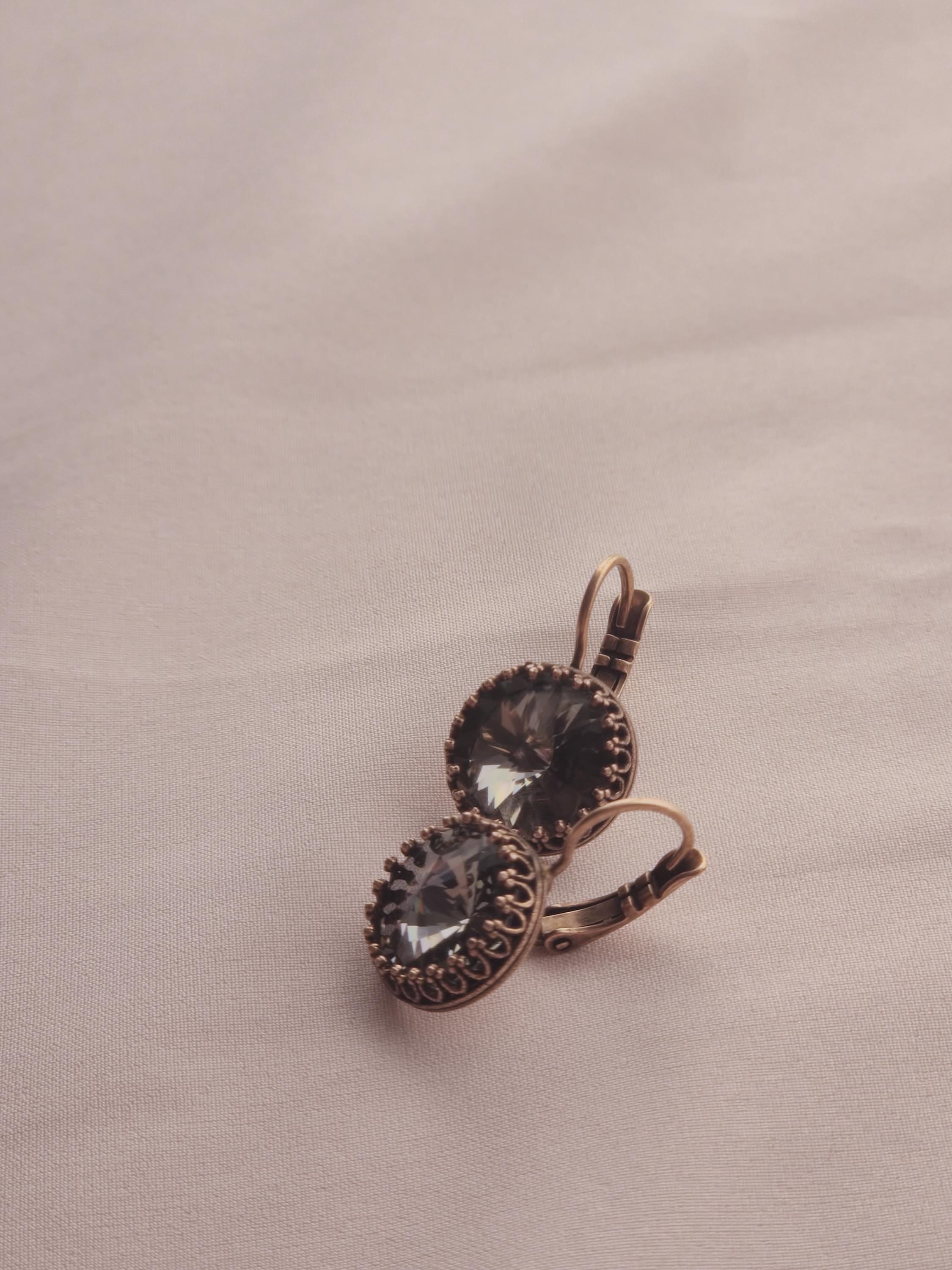 Antique Copper Black Diamond Crystal Leverback Earrings | Drop Crystal Earrings | Crown Setting Earrings | 12mm Austrian Crystal