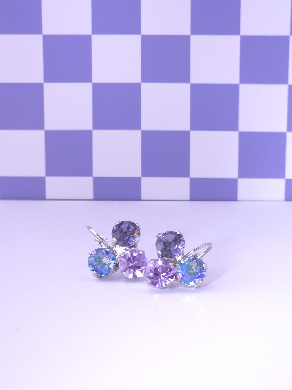 Trio Crystal Leverback Earrings | 8mm Faceted Stones, Rhodium Finish