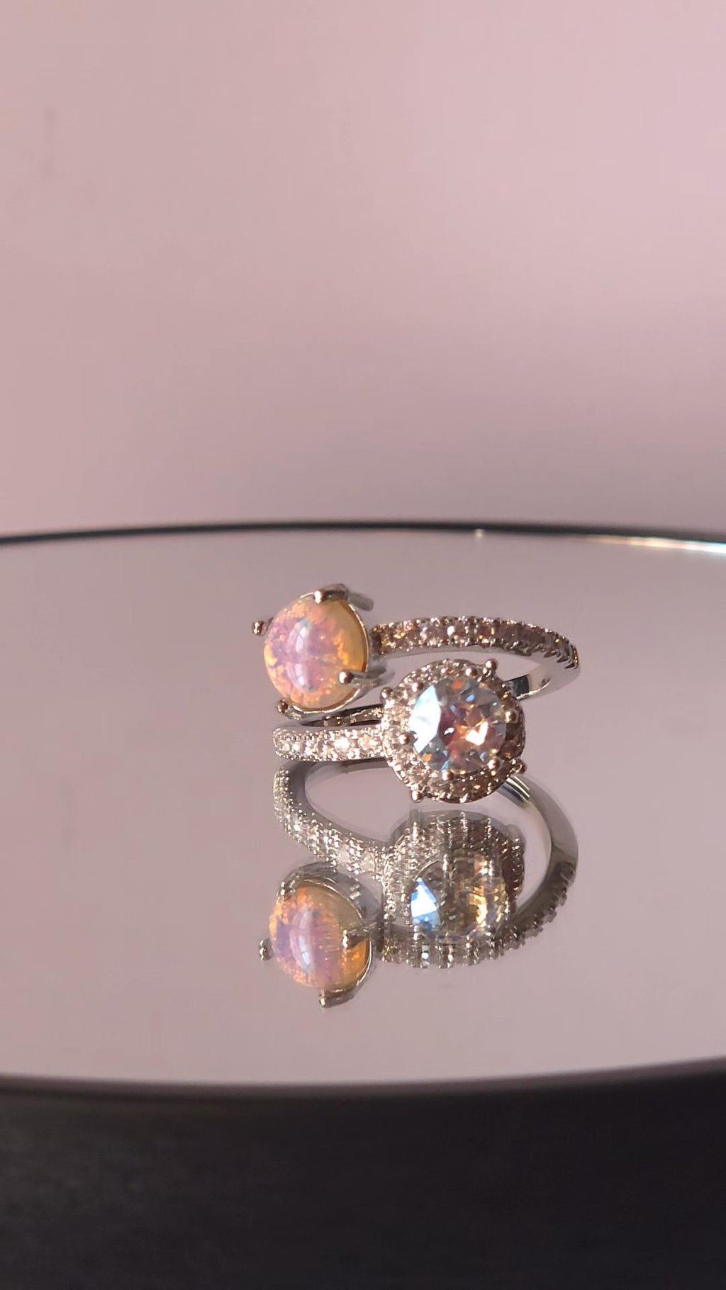 Swarovski Crystal Moonlight Two-Stone Crystal Wrap Ring | Adjustable 925 Sterling Silver Plated Ring | Vintage Fire Opal RARE