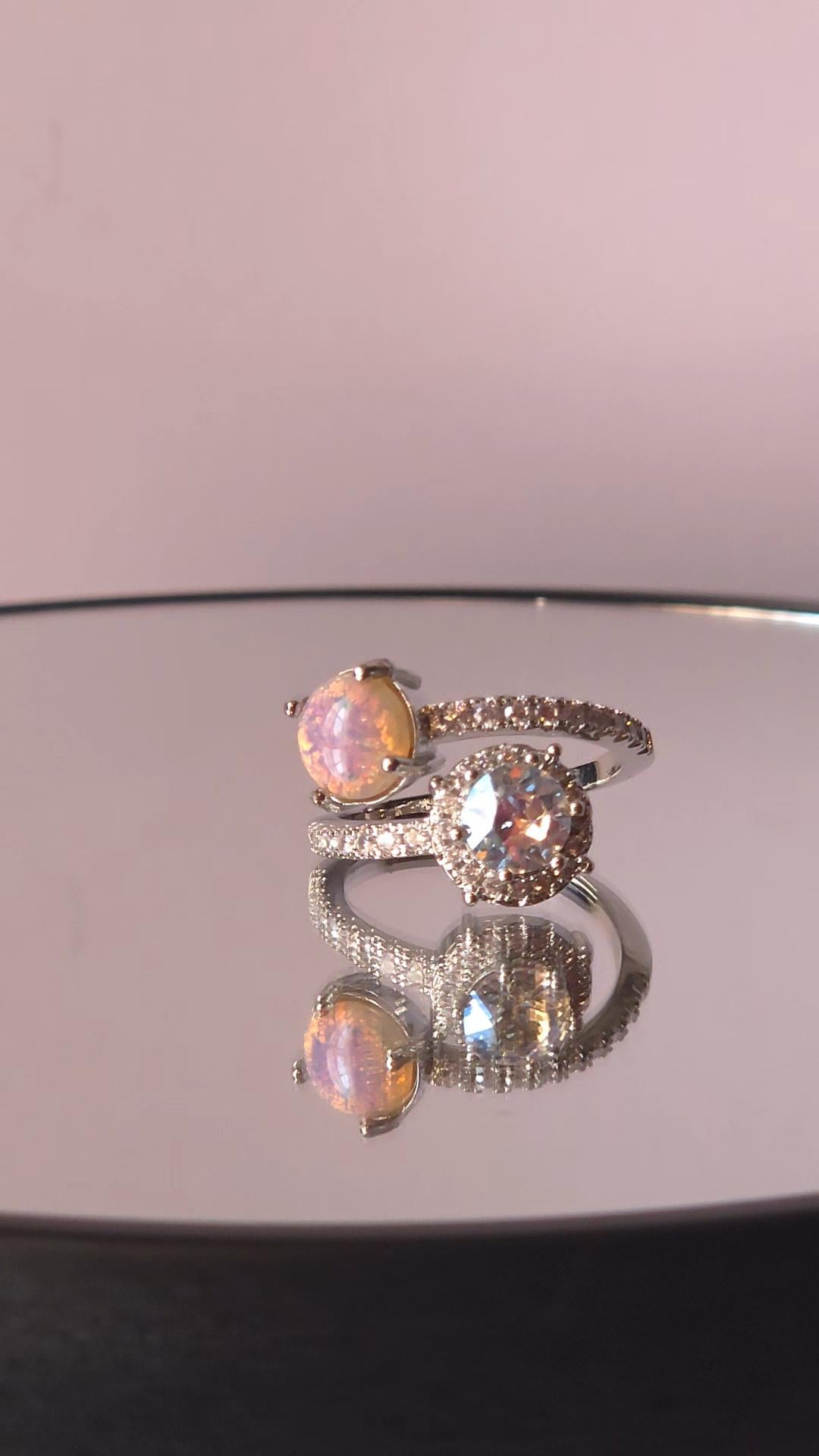 Swarovski Crystal Moonlight Two-Stone Crystal Wrap Ring | Adjustable 925 Sterling Silver Plated Ring | Vintage Fire Opal RARE