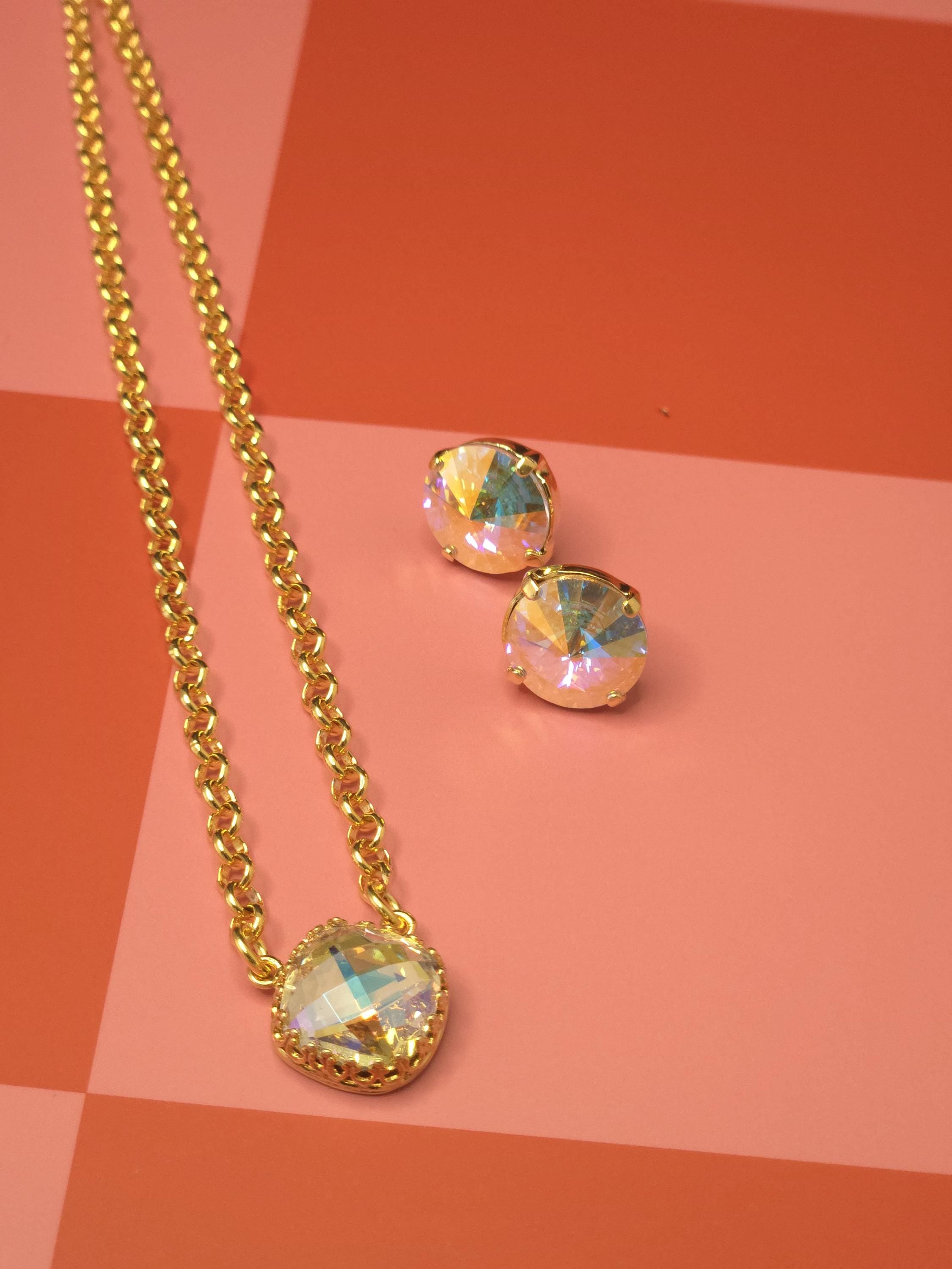 Looking Glass Swarovski Crystal Pendant Necklace | Handmade Gold Plated Crown Pendant | Checkerboard Cut Crystal AB Necklace