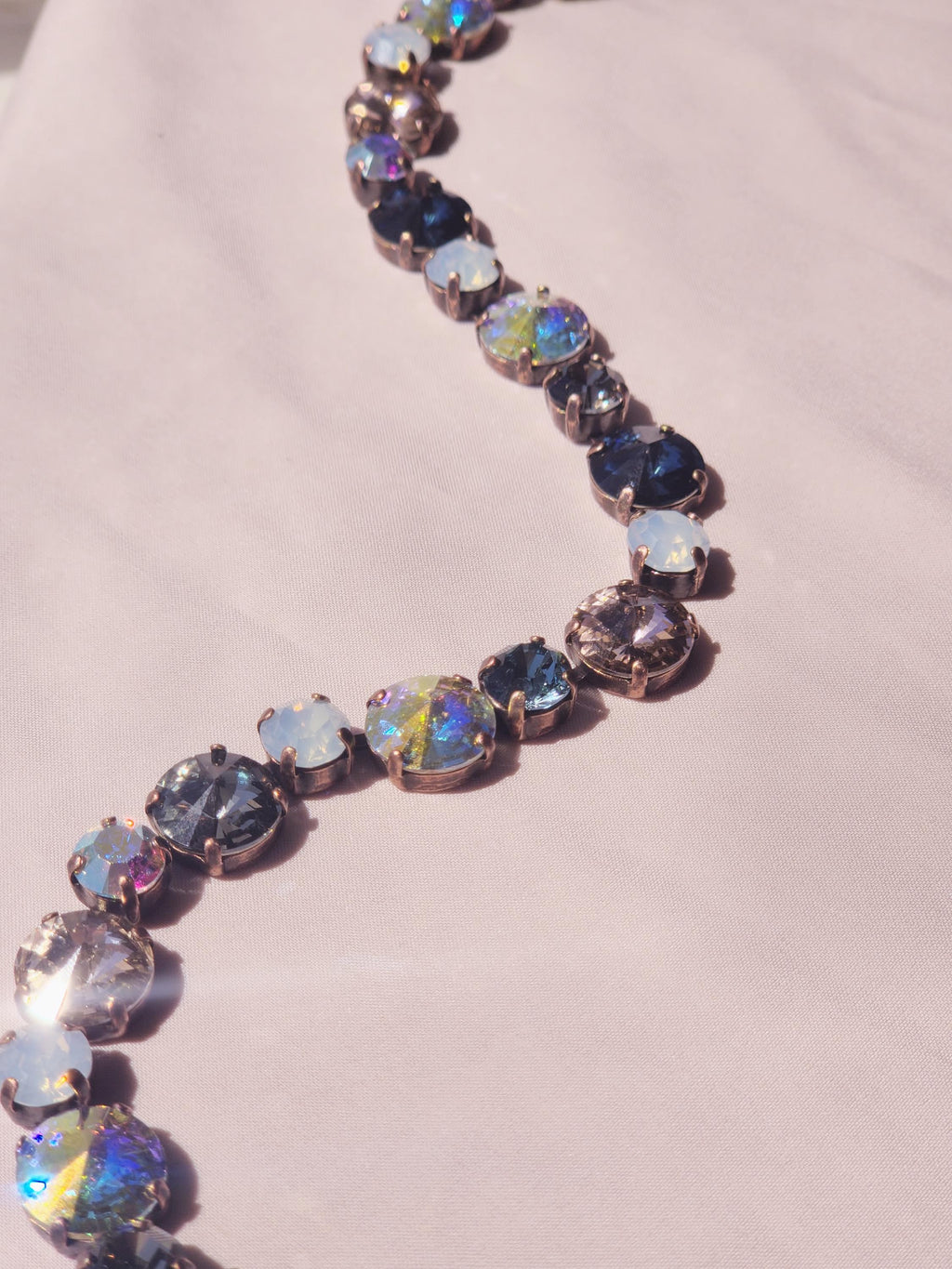 Smokeshow Chunky Crystal Statement Necklace | Austrian Crystal 8mm 12mm Necklace | White Opal and Crystal AB | Smokey Sapphire and Copper