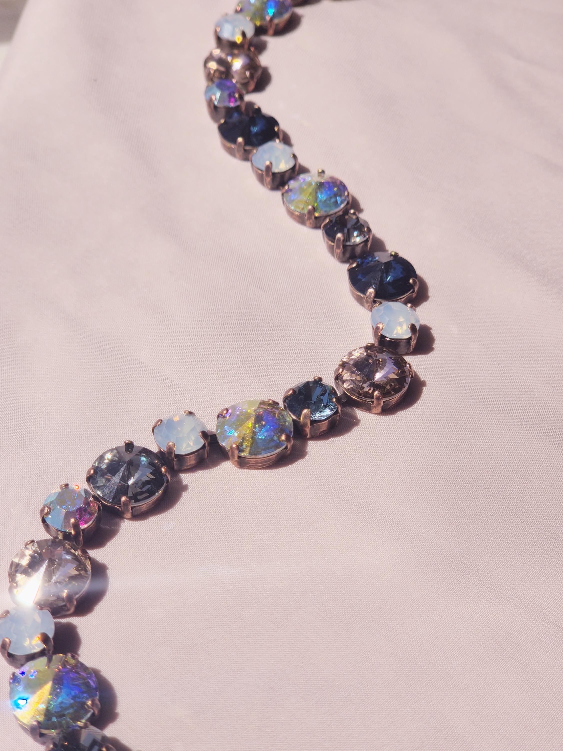 Smokeshow Chunky Crystal Statement Necklace | Austrian Crystal 8mm 12mm Necklace | White Opal and Crystal AB | Smokey Sapphire and Copper