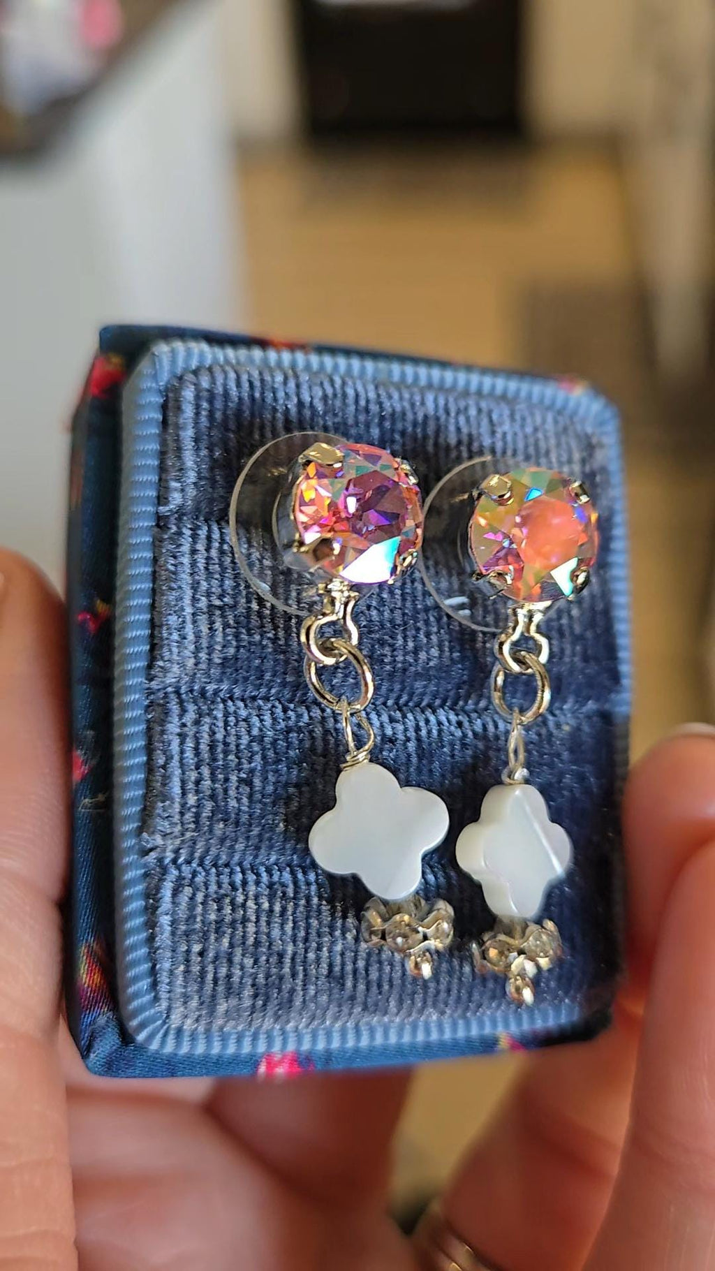 Sugar Rush Swarovski Crystal Earrings | Handmade Silver Stud | Mother of Pearl Clover Drop | Whimsical Statement Earrings