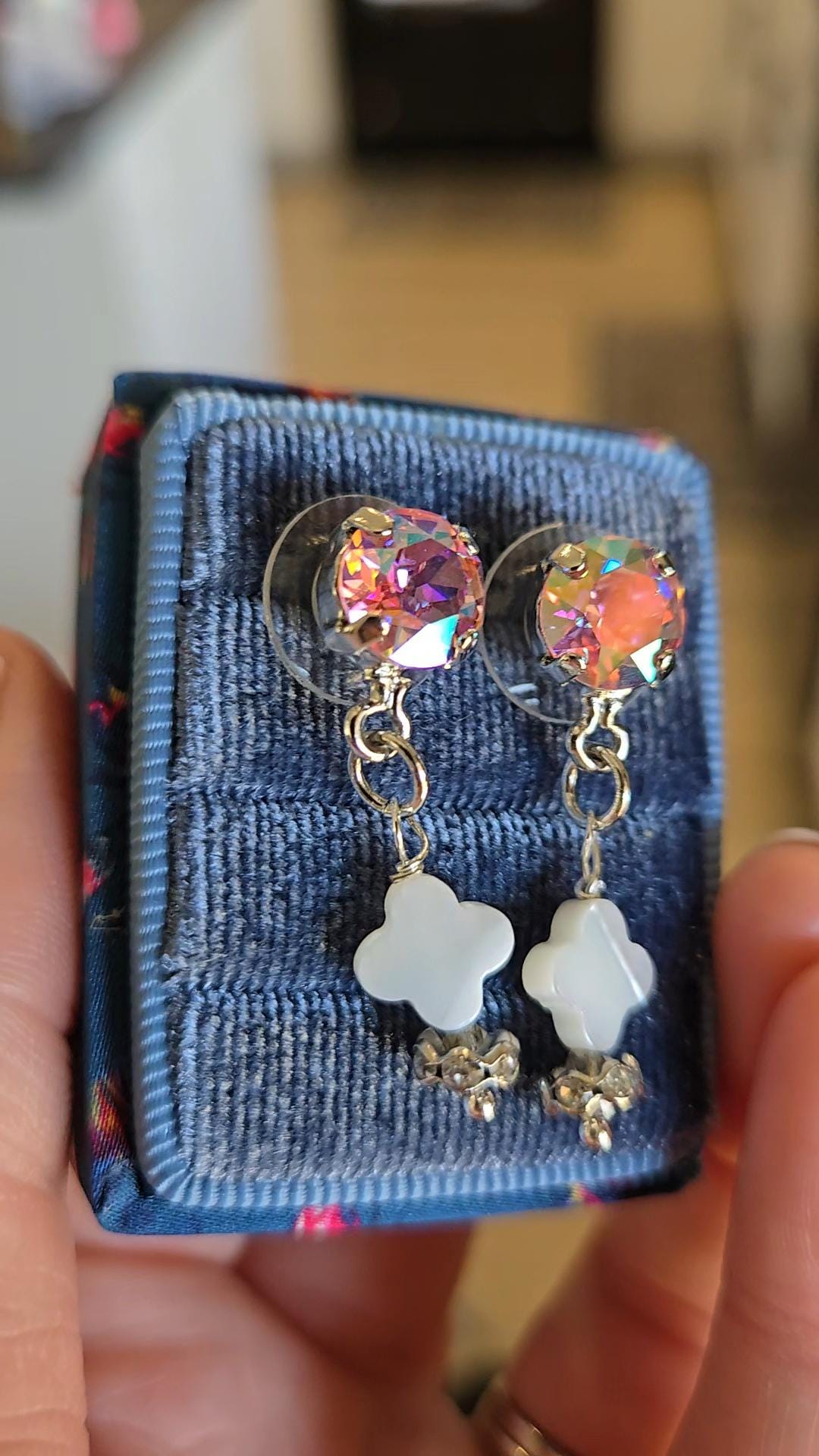Sugar Rush Swarovski Crystal Earrings | Handmade Silver Stud | Mother of Pearl Clover Drop | Whimsical Statement Earrings