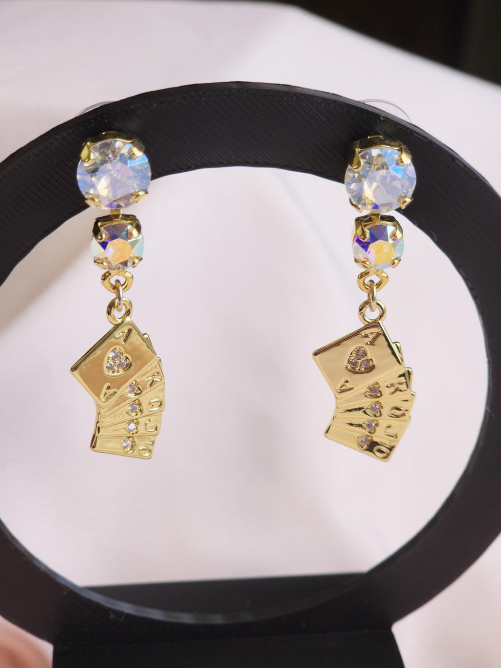 Stack the Deck Swarovski Crystal Earrings | Handmade Gold Ace Playing Card Charm Drop | Crystal Moonlight AB Stud | Vegas Lucky Jewelry