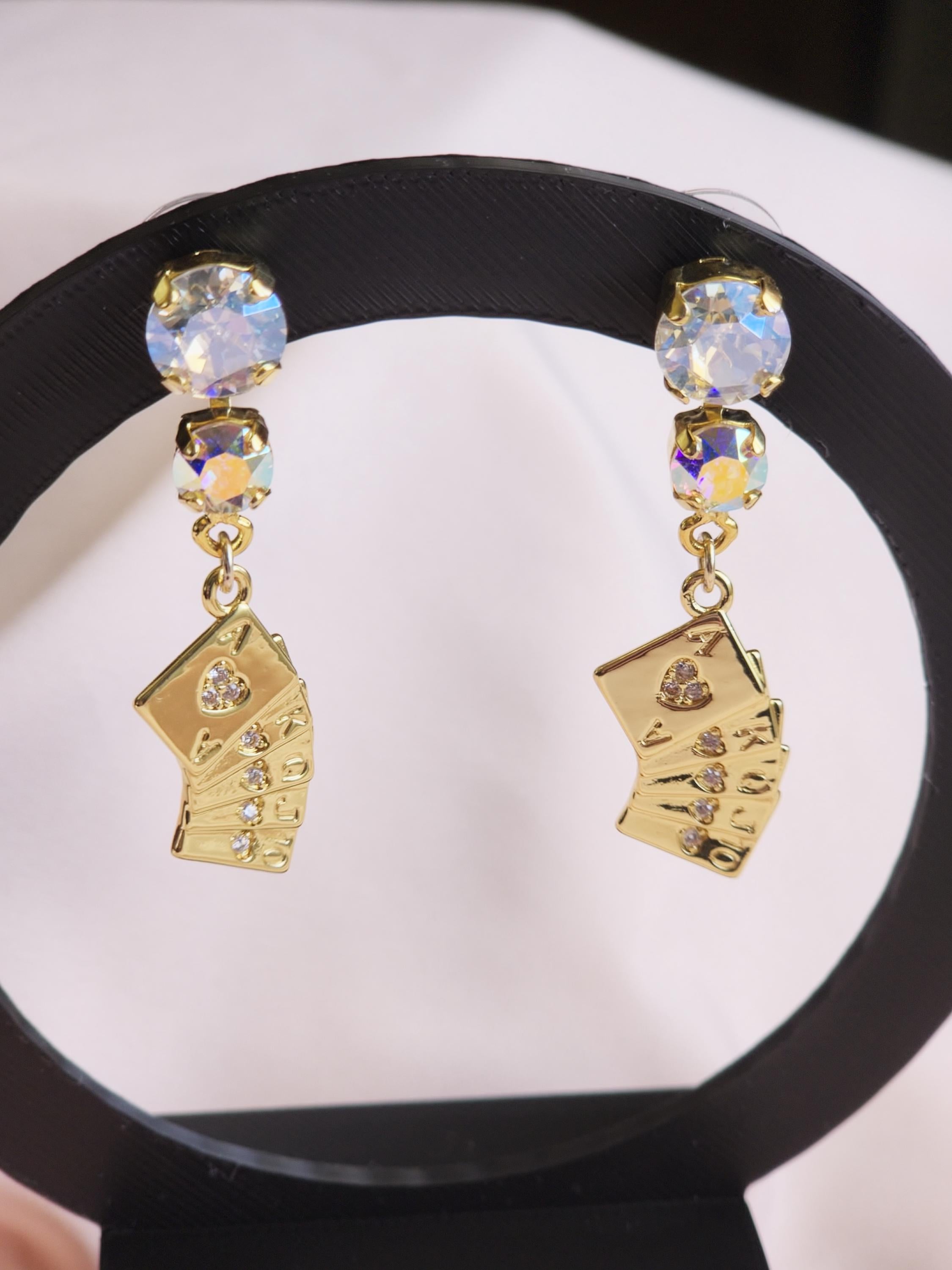 Stack the Deck Swarovski Crystal Earrings | Handmade Gold Ace Playing Card Charm Drop | Crystal Moonlight AB Stud | Vegas Lucky Jewelry