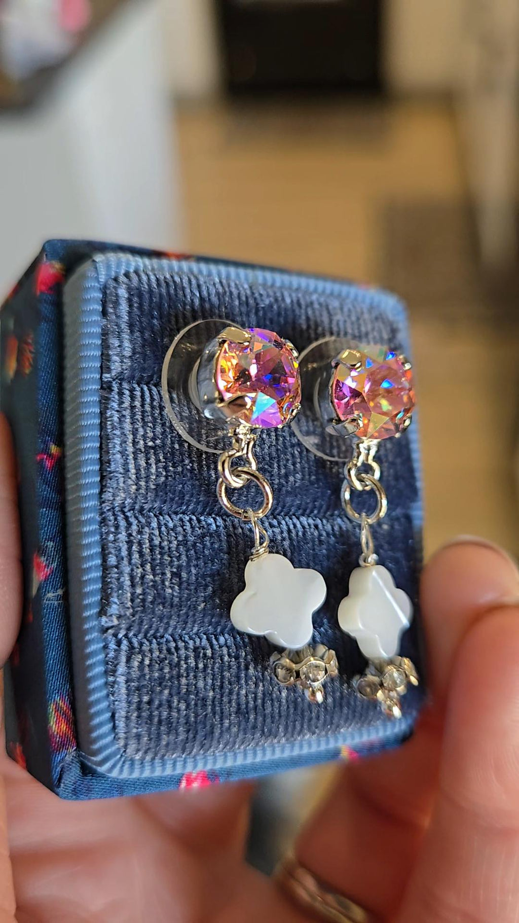 Sugar Rush Swarovski Crystal Earrings | Handmade Silver Stud | Mother of Pearl Clover Drop | Whimsical Statement Earrings