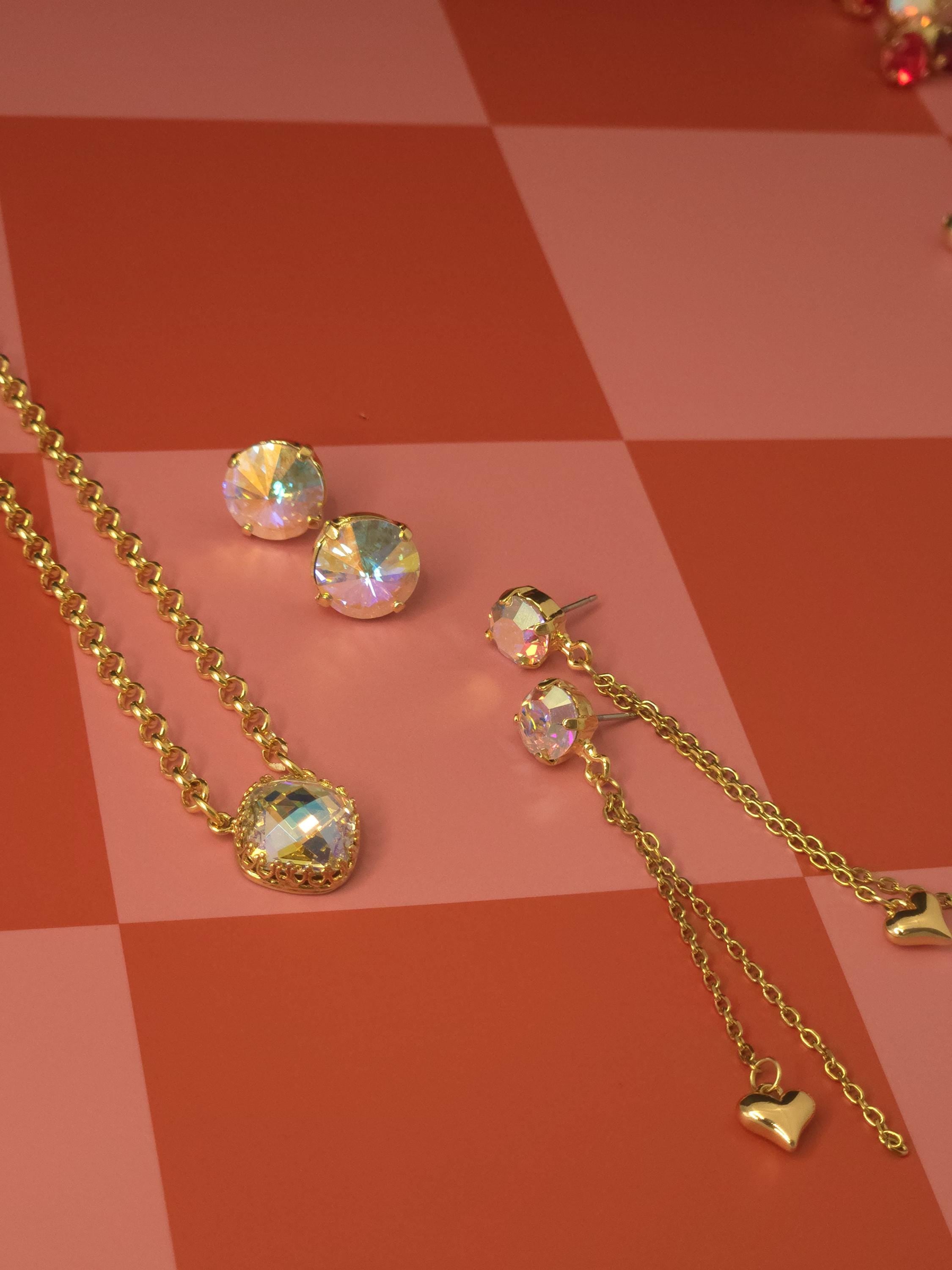Looking Glass Swarovski Crystal Pendant Necklace | Handmade Gold Plated Crown Pendant | Checkerboard Cut Crystal AB Necklace