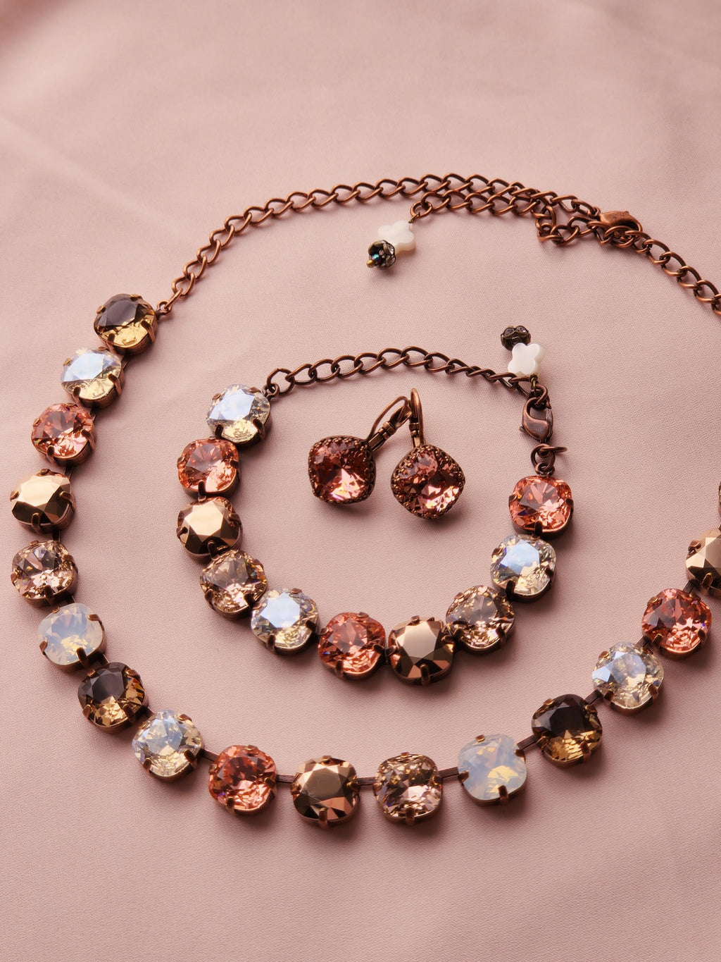 Victorian Garden Swarovski Crystal Necklace | Antique Copper Statement Necklace | Rose Gold Padparadscha Vintage Rose Crystal Crown Earrings