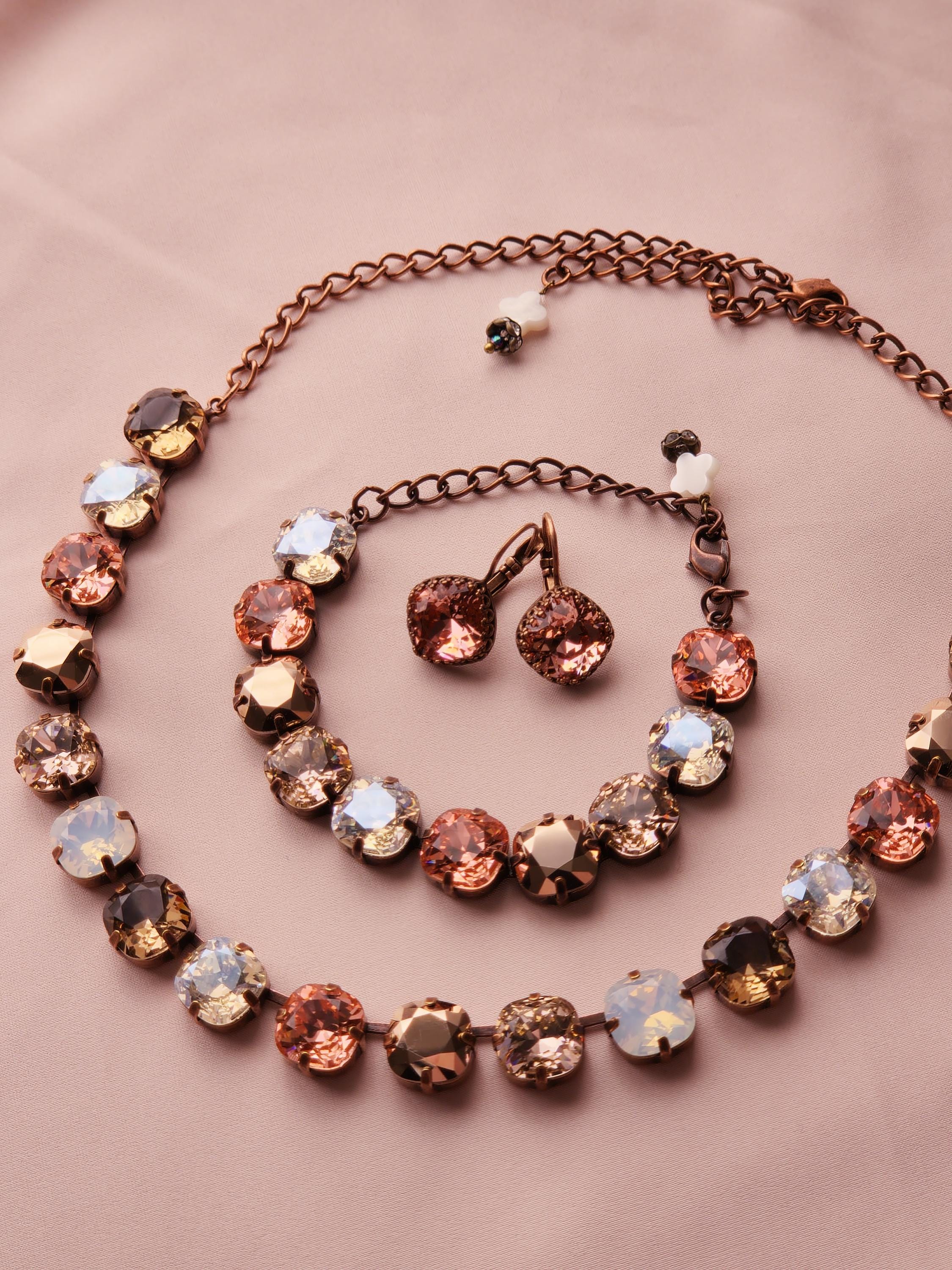 Victorian Garden Swarovski Crystal Necklace | Antique Copper Statement Necklace | Rose Gold Padparadscha Vintage Rose Crystal Crown Earrings