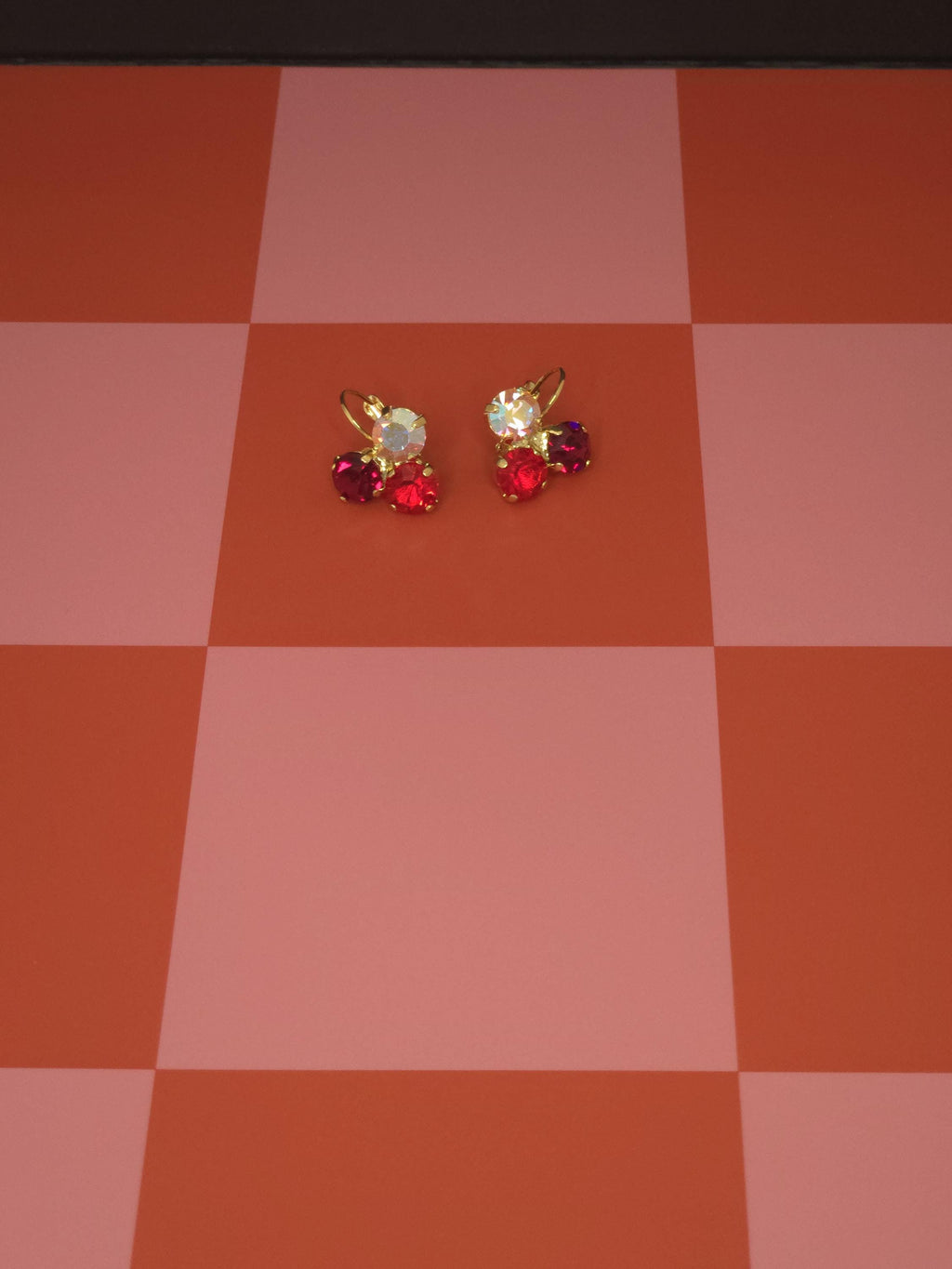Mad Hatter Swarovski Crystal Trio Earrings | Handmade Gold Plated Leverback Earrings | Ruby Siam & Crystal AB Earrings