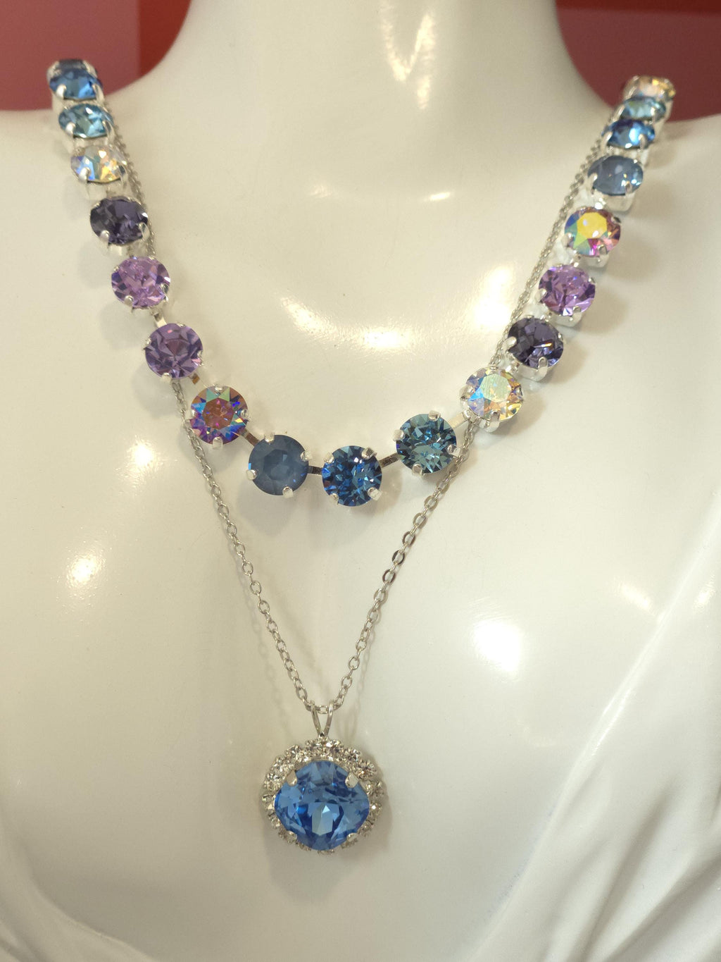 Alice Blue Swarovski Crystal Pendant Necklace | Handmade Rhodium Halo Crystal Necklace | Ice Blue Cushion Crystal Pendant