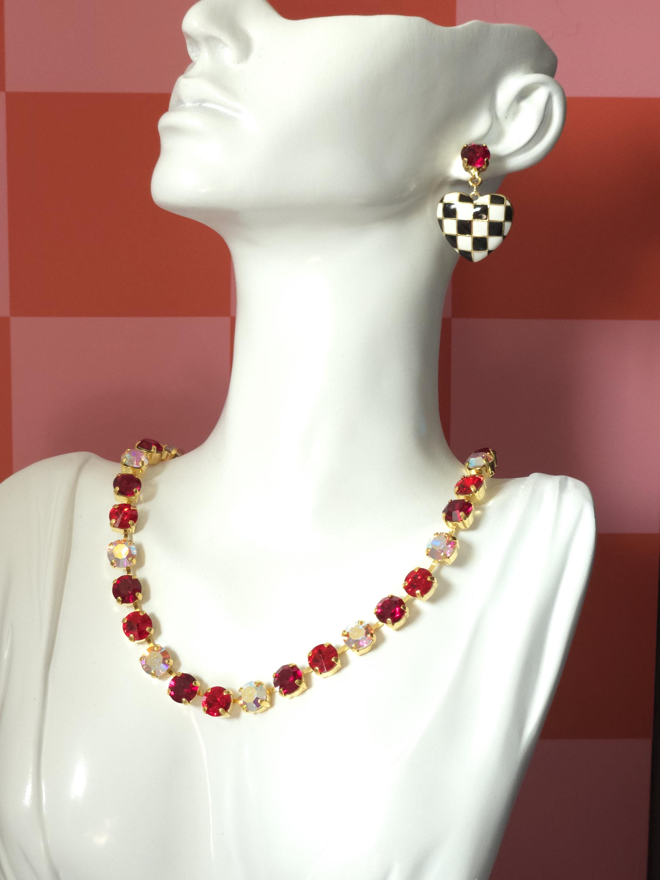 Painted Heart Swarovski Crystal Dangle Earrings | Handmade Gold Plated Charm Earrings | Ruby Crystal Checkered Heart Earrings