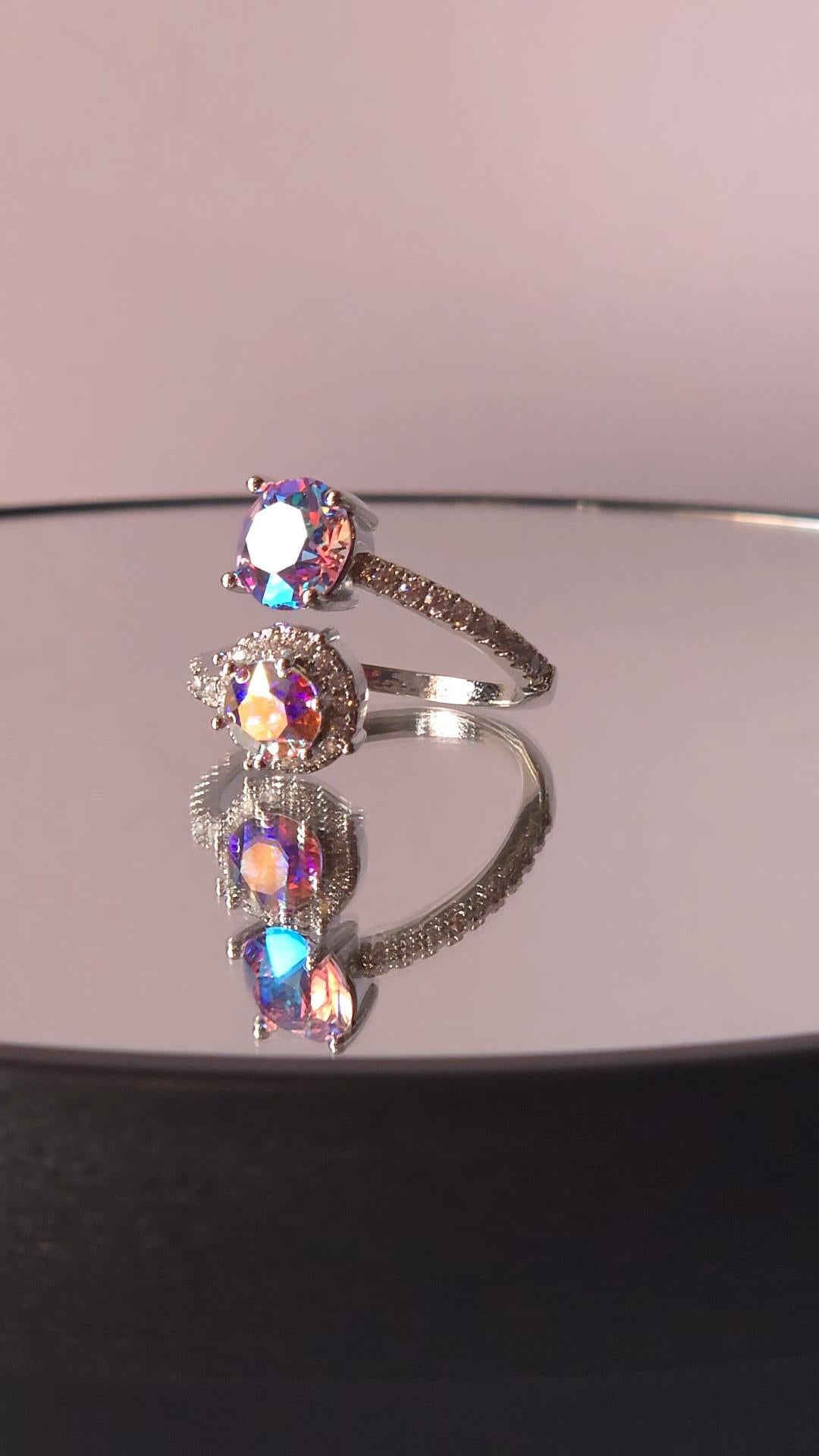 Swarovski Rose Shimmer Crystal AB Two-Stone Crystal Wrap Ring | Adjustable 925 Sterling Silver Plated Ring | Iridescent Halo Ring