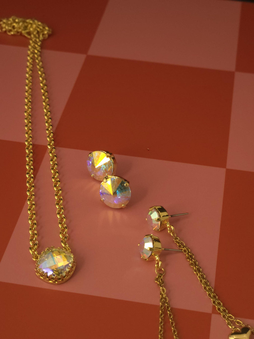 Queen's Card Swarovski Crystal Dangle Earrings | Handmade Gold Plated Heart Charm Earrings | Crystal AB Chain Dangle Earrings