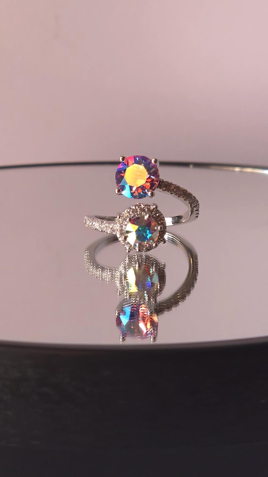 Swarovski Rose Shimmer Crystal AB Two-Stone Crystal Wrap Ring | Adjustable 925 Sterling Silver Plated Ring | Iridescent Halo Ring