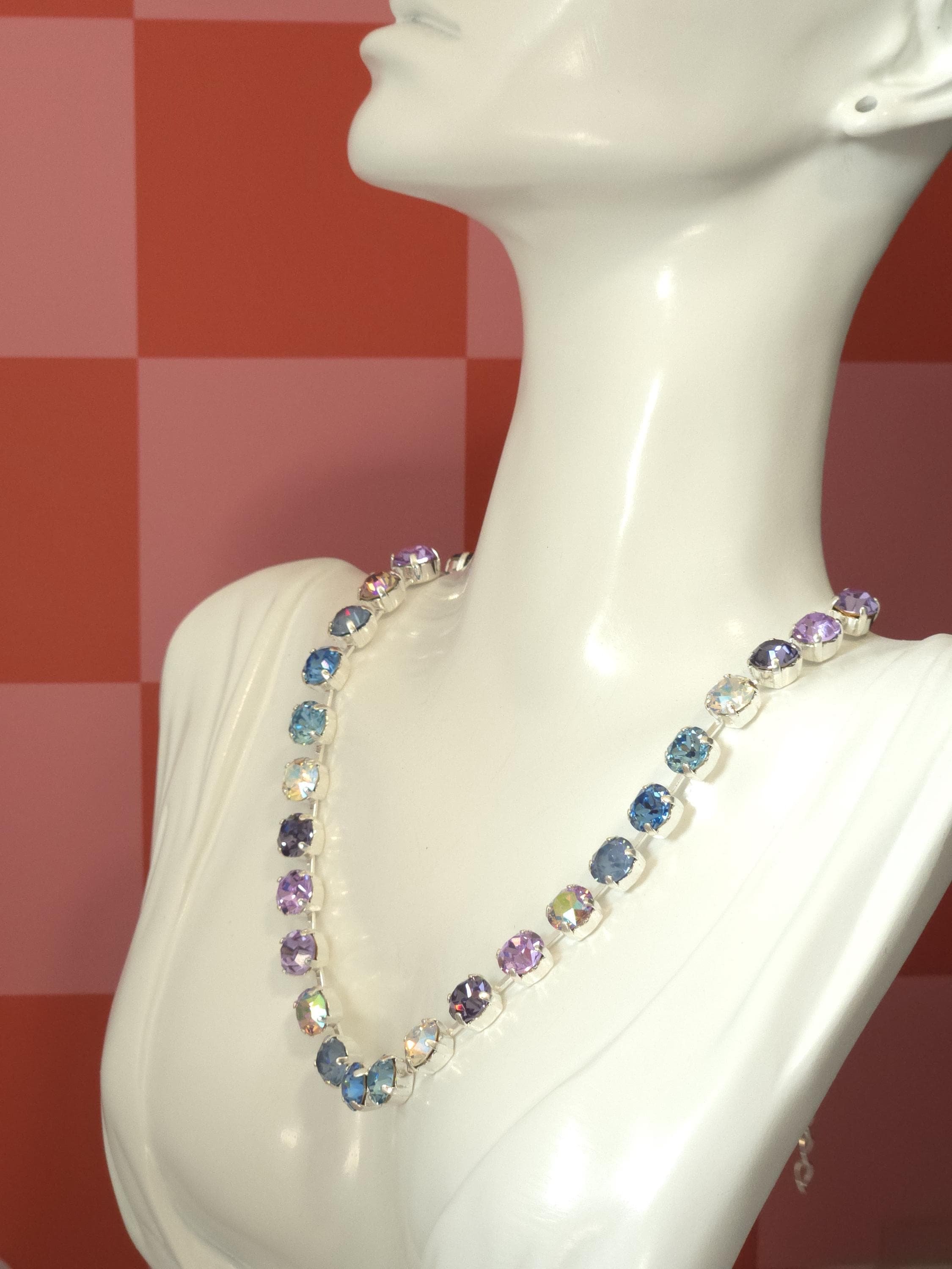 Cheshire Grin Swarovski Crystal Necklace | Handmade Rhodium Statement Necklace | Violet Tanzanite and Ice Blue Crystal Choker