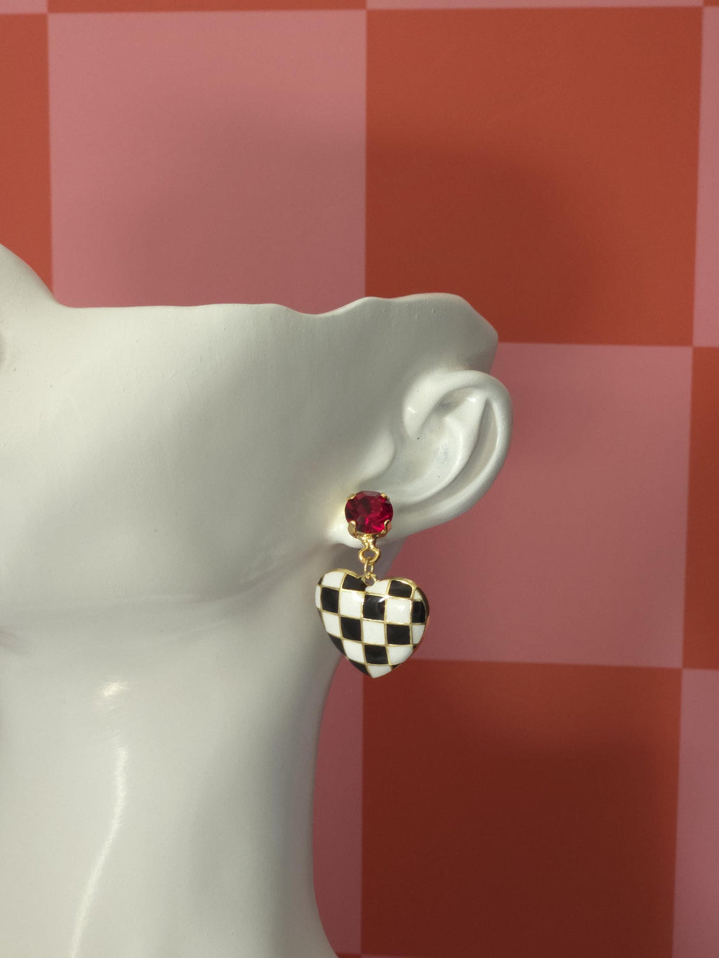 Painted Heart Swarovski Crystal Dangle Earrings | Handmade Gold Plated Charm Earrings | Ruby Crystal Checkered Heart Earrings