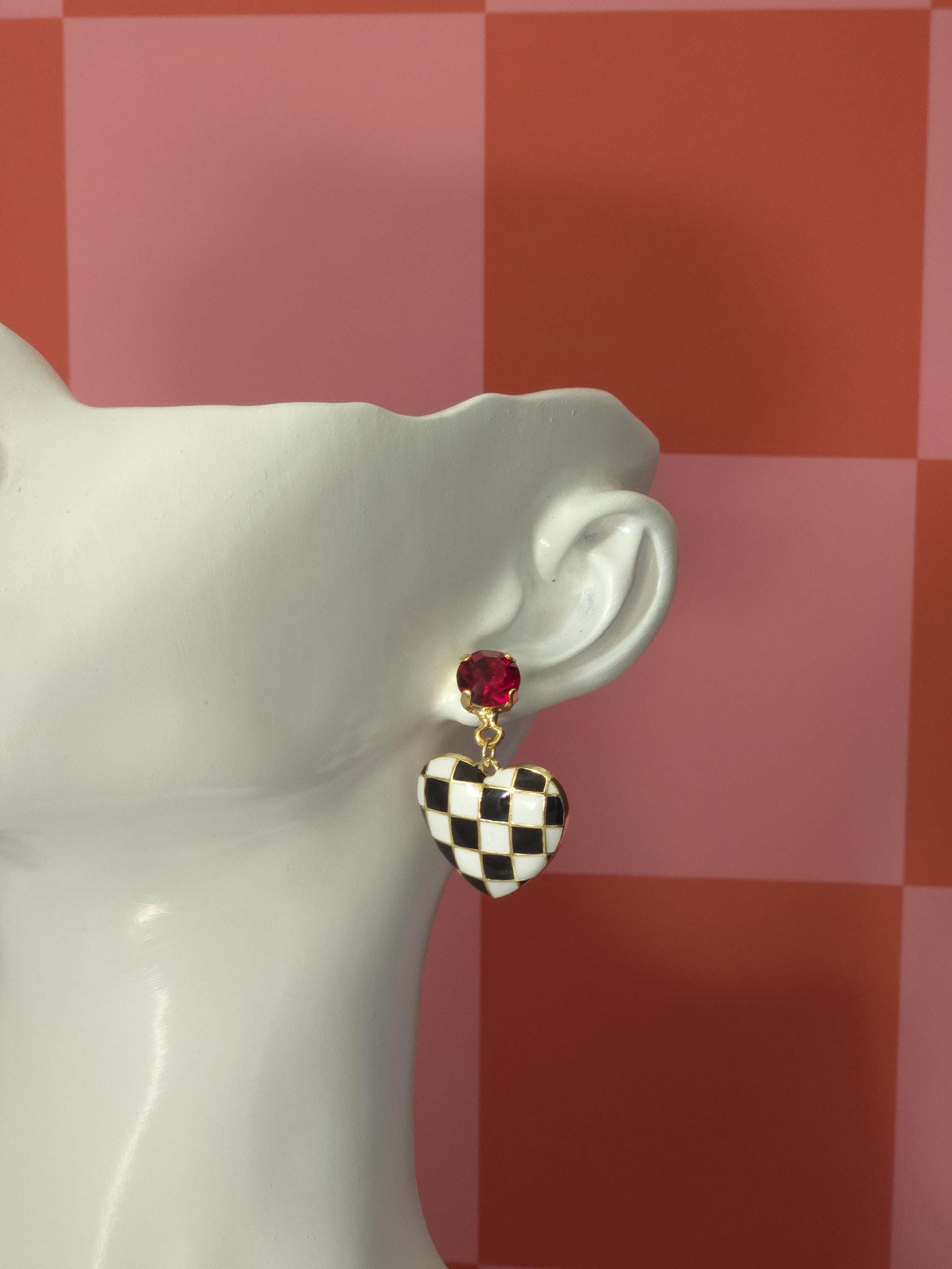 Painted Heart Swarovski Crystal Dangle Earrings | Handmade Gold Plated Charm Earrings | Ruby Crystal Checkered Heart Earrings