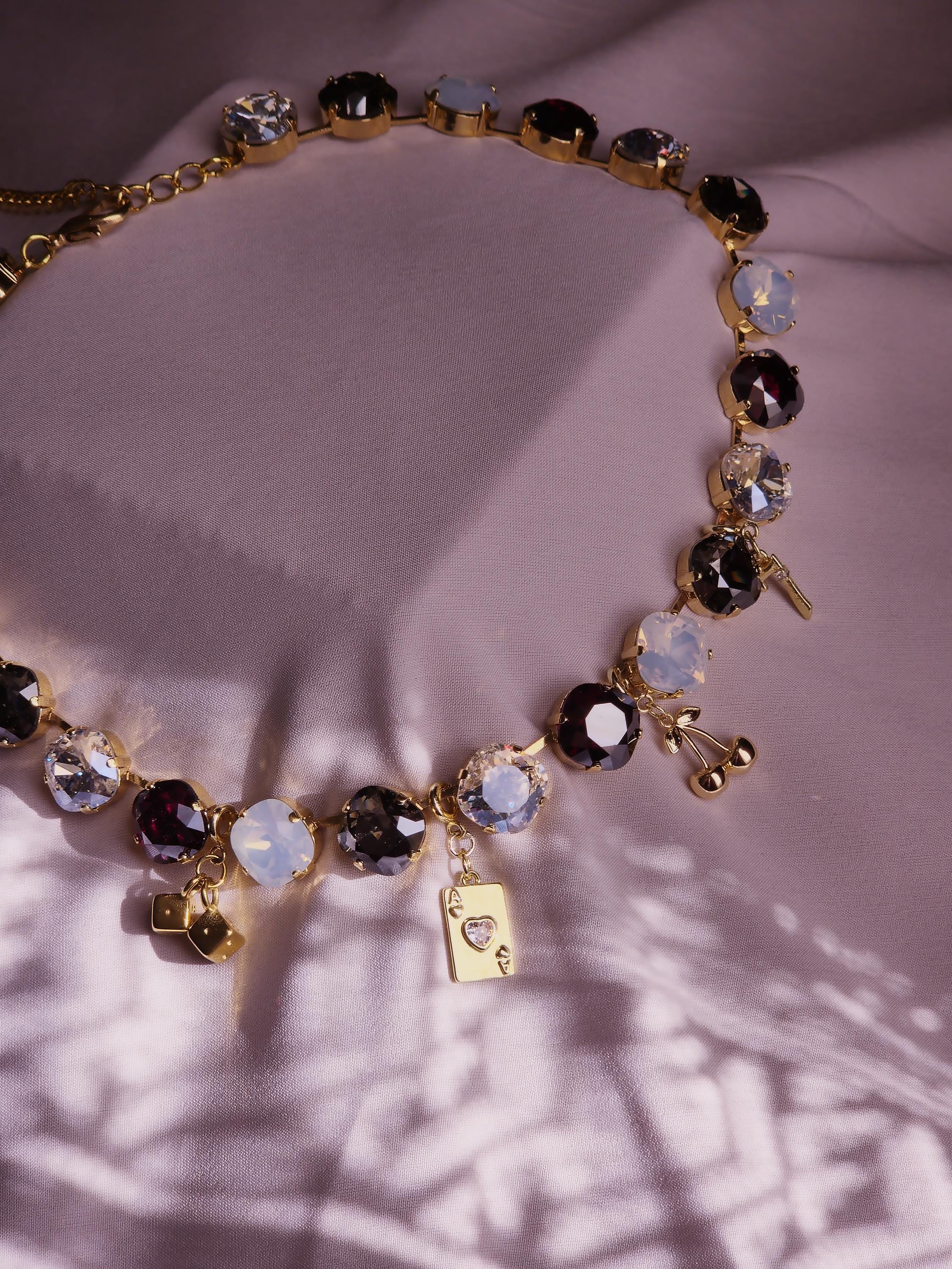 Sin City Swarovski Crystal Charm Necklace | Handmade Gold Plated Statement Necklace | Vegas Jewelry | Dice Charm Necklace