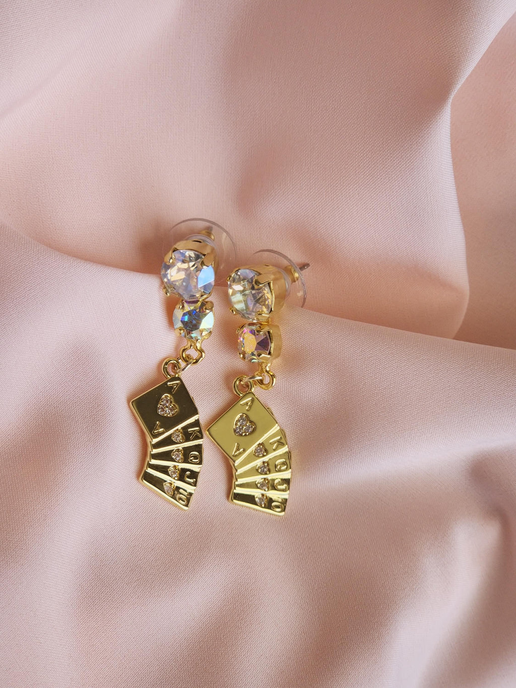 Stack the Deck Swarovski Crystal Earrings | Handmade Gold Ace Playing Card Charm Drop | Crystal Moonlight AB Stud | Vegas Lucky Jewelry
