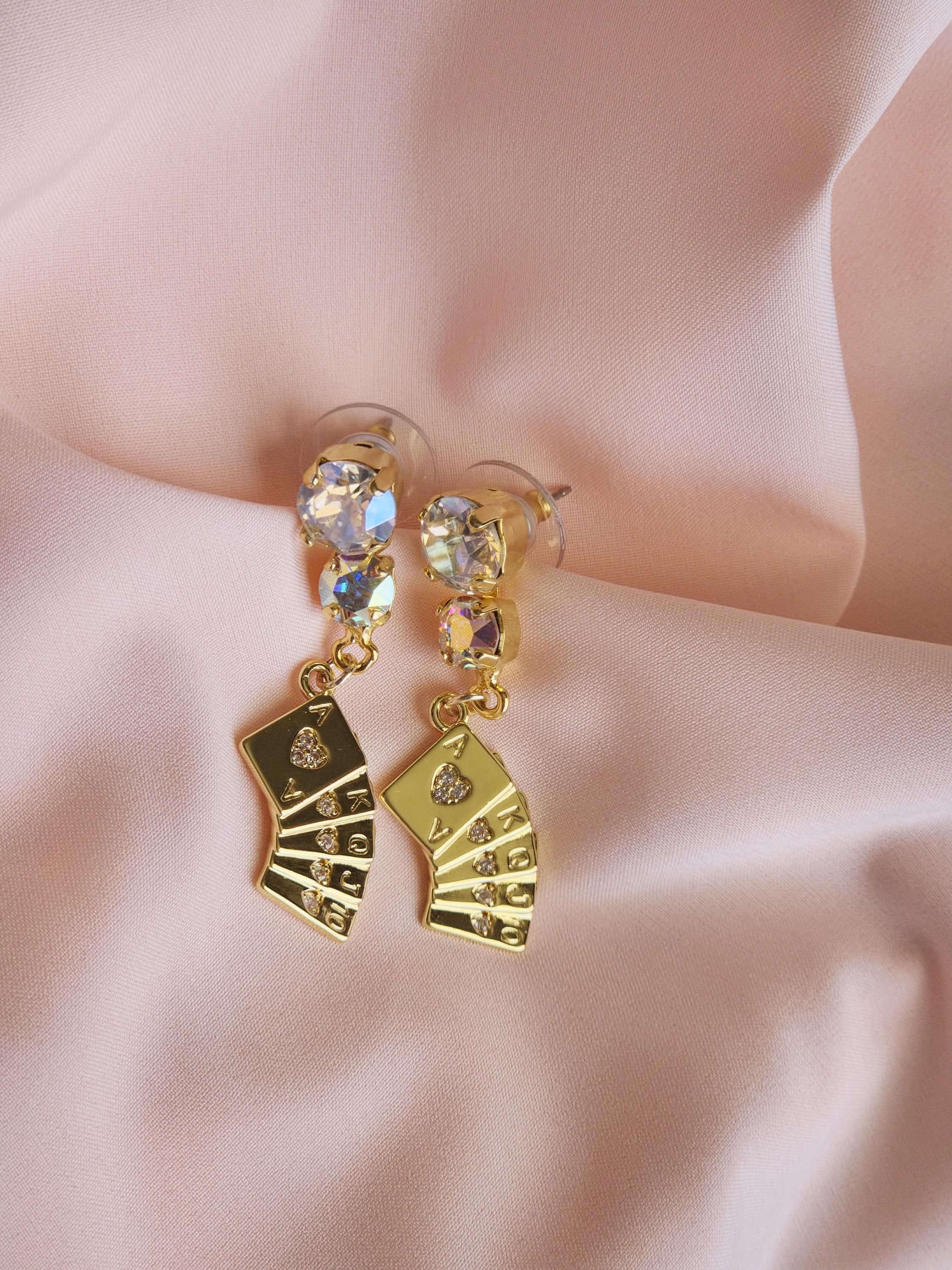 Stack the Deck Swarovski Crystal Earrings | Handmade Gold Ace Playing Card Charm Drop | Crystal Moonlight AB Stud | Vegas Lucky Jewelry