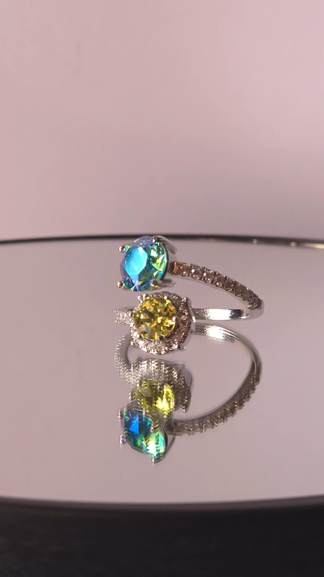 Swarovski Aqua Lemon Citrus Green Two-Stone Crystal Wrap Ring | Adjustable 925 Sterling Silver Plated Ring | Blue Green Halo Ring