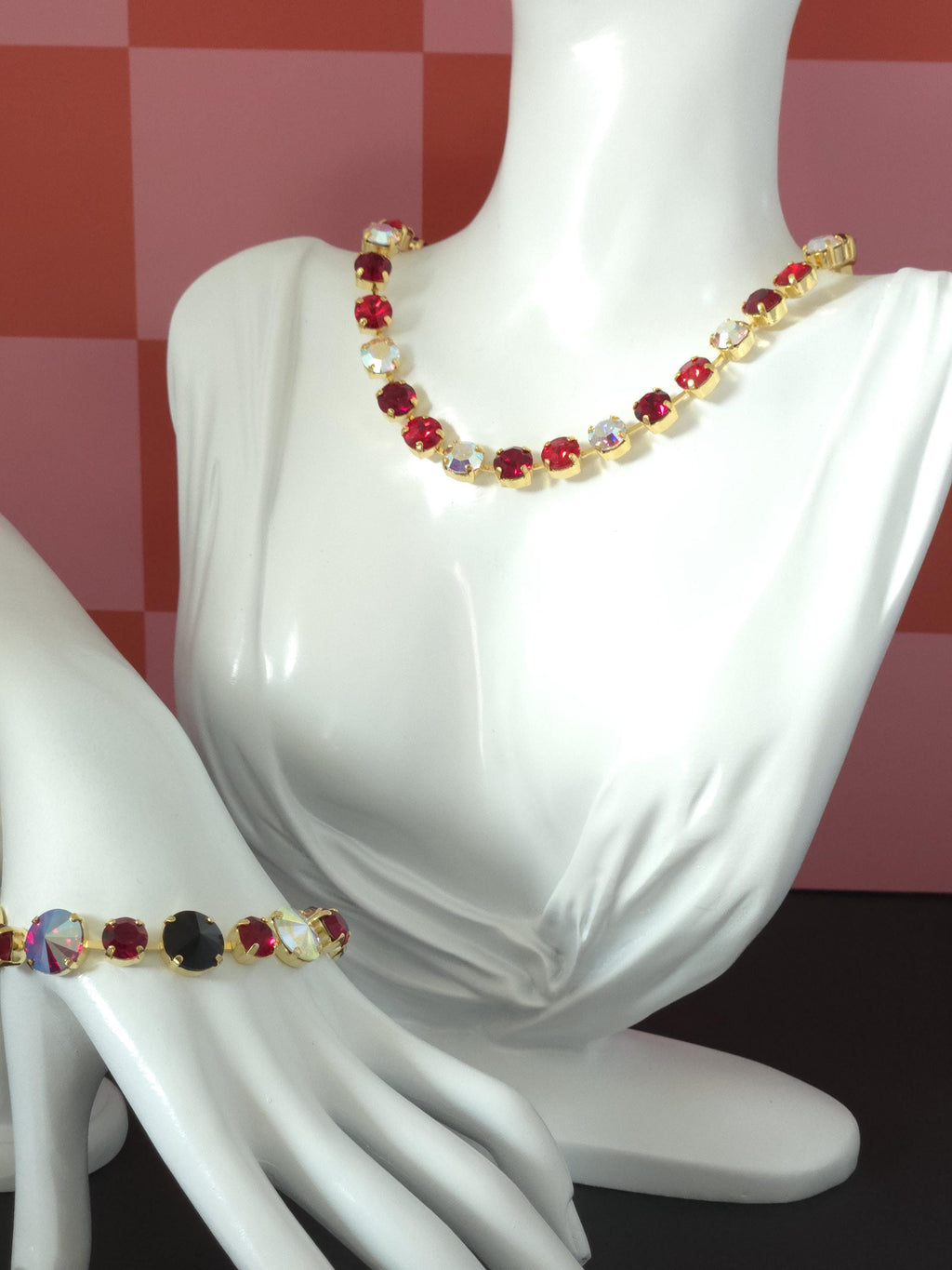 Unbirthday Swarovski Crystal Necklace | Handmade Gold Plated Statement Necklace | Crystal AB Ruby & Siam Cup Chain Choker