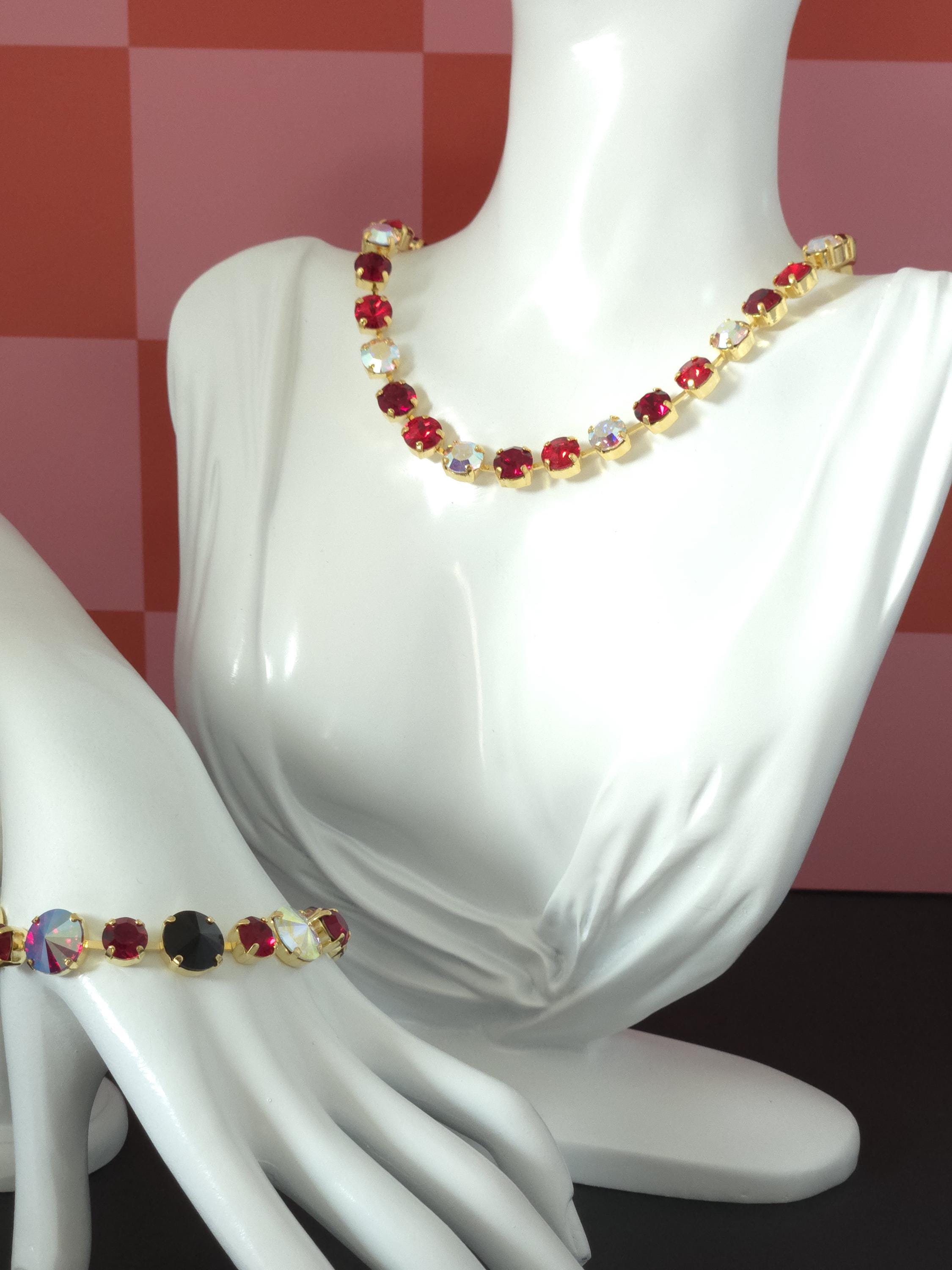 Unbirthday Swarovski Crystal Necklace | Handmade Gold Plated Statement Necklace | Crystal AB Ruby & Siam Cup Chain Choker