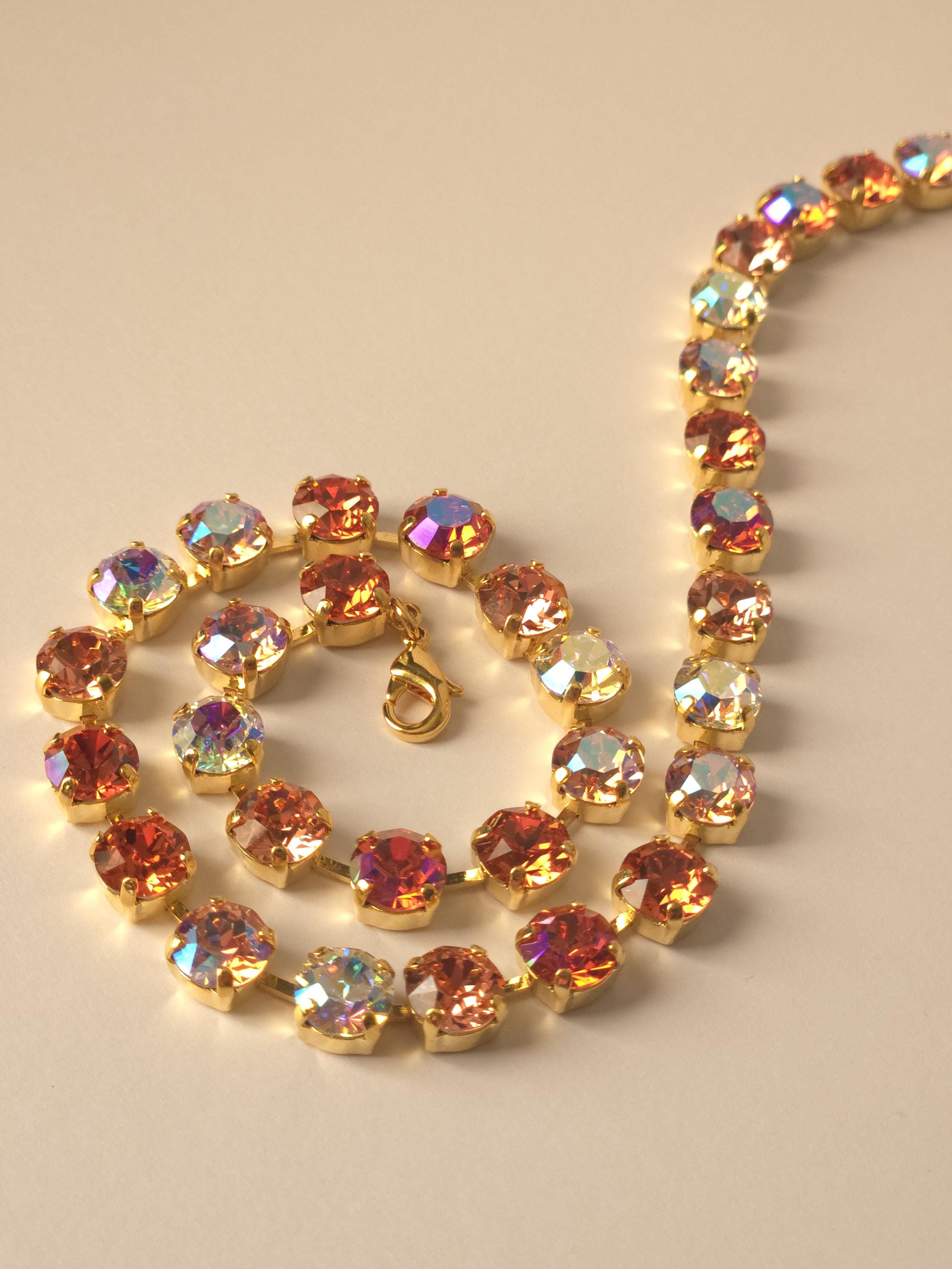 18K Gold Plated Padparadscha Crystal Jewelry Set | Swarovski & Preciosa Crystal Necklace, Earrings, Bracelet | Peach Rose Bridal Jewelry