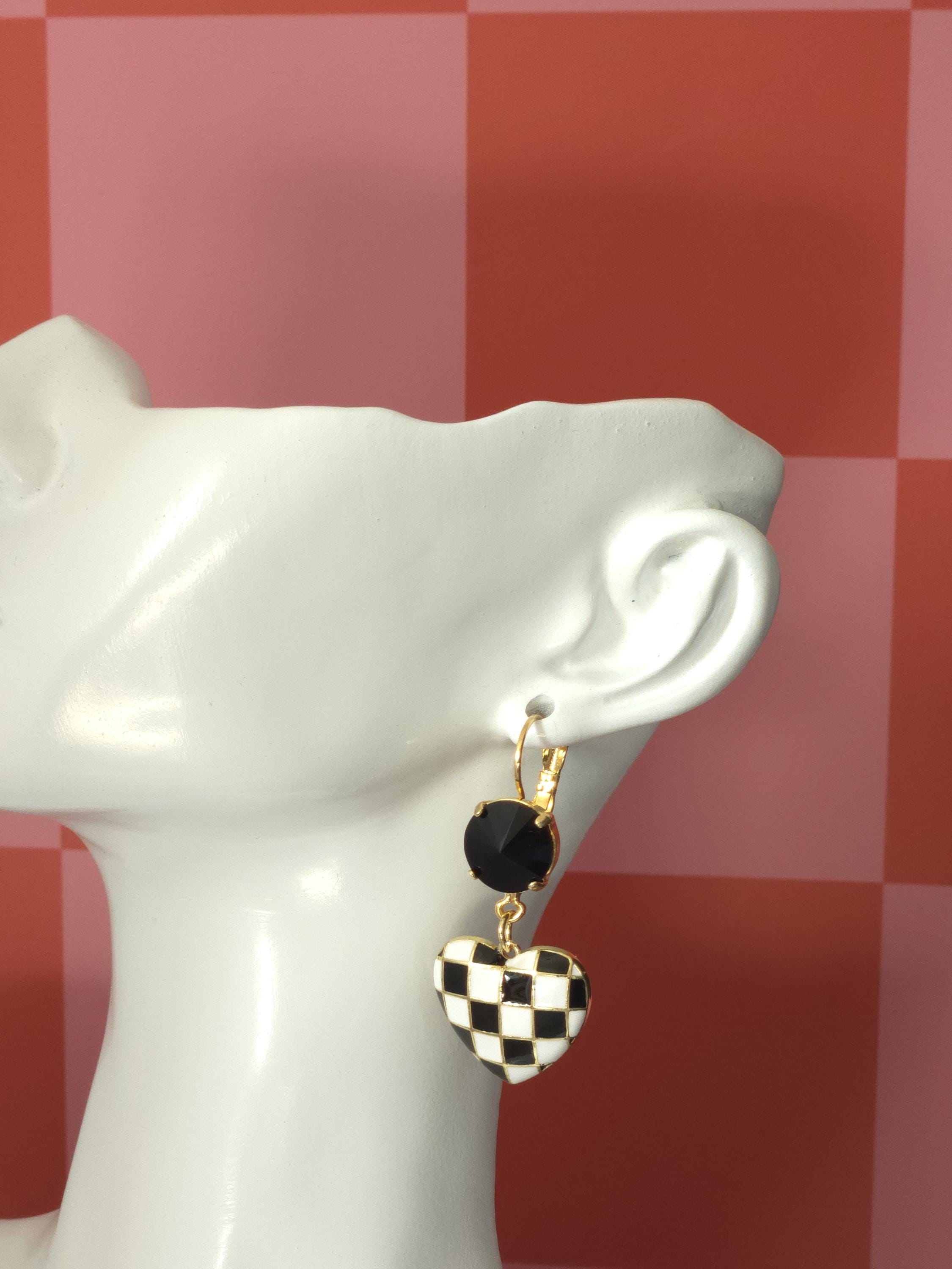 Checkmate Heart Swarovski Crystal Dangle Earrings | Handmade Gold Plated Charm Earrings | Jet Crystal Checkered Heart Earrings