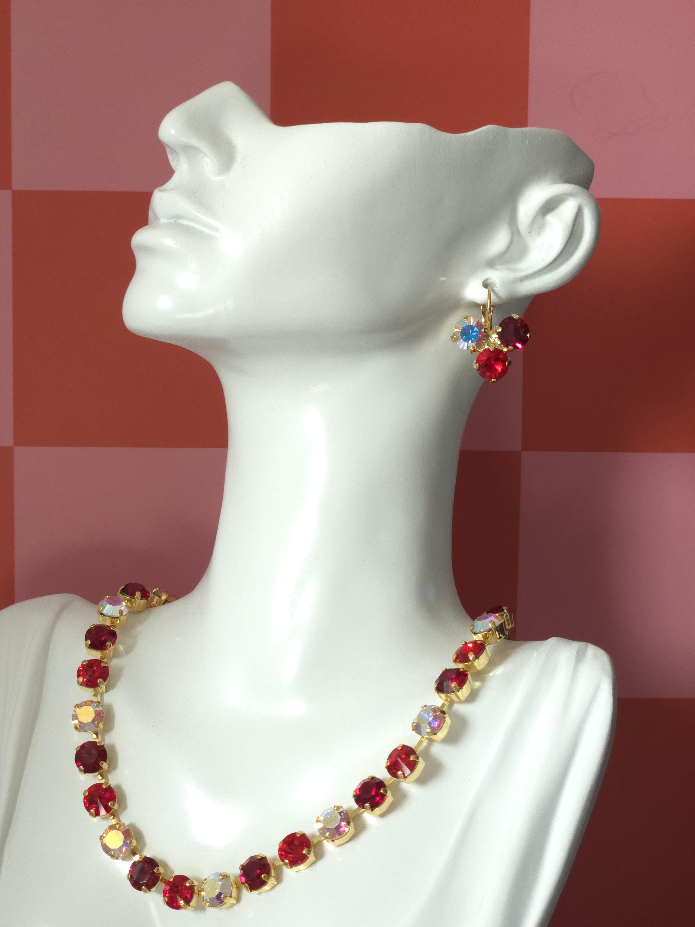 Mad Hatter Swarovski Crystal Trio Earrings | Handmade Gold Plated Leverback Earrings | Ruby Siam & Crystal AB Earrings