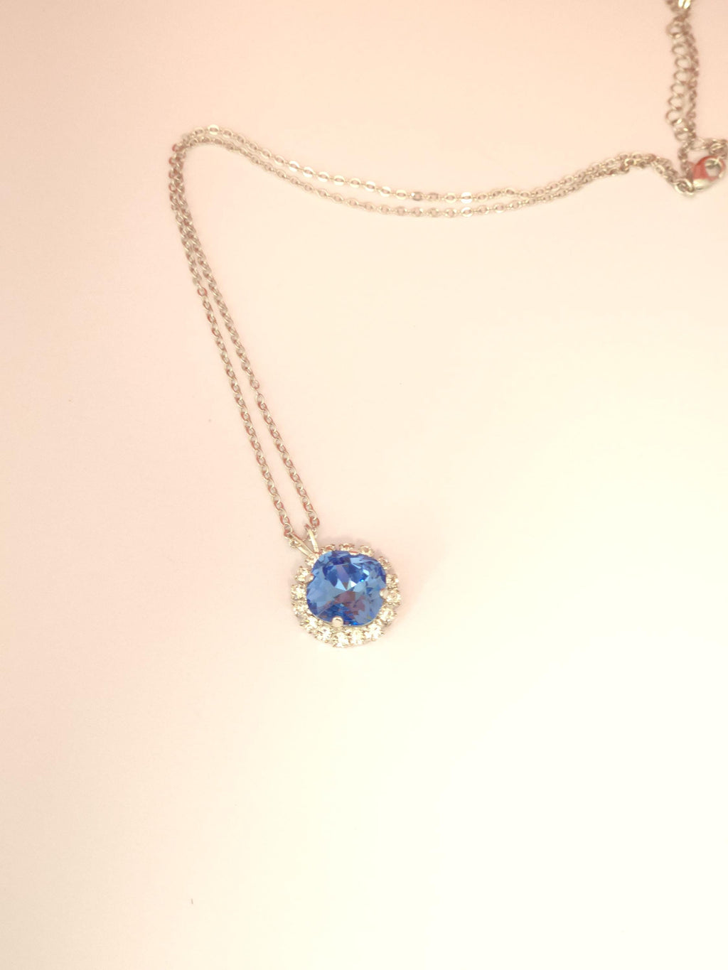 Alice Blue Swarovski Crystal Pendant Necklace | Handmade Rhodium Halo Crystal Necklace | Ice Blue Cushion Crystal Pendant