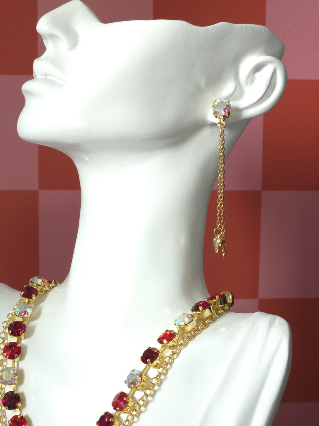 Queen's Card Swarovski Crystal Dangle Earrings | Handmade Gold Plated Heart Charm Earrings | Crystal AB Chain Dangle Earrings