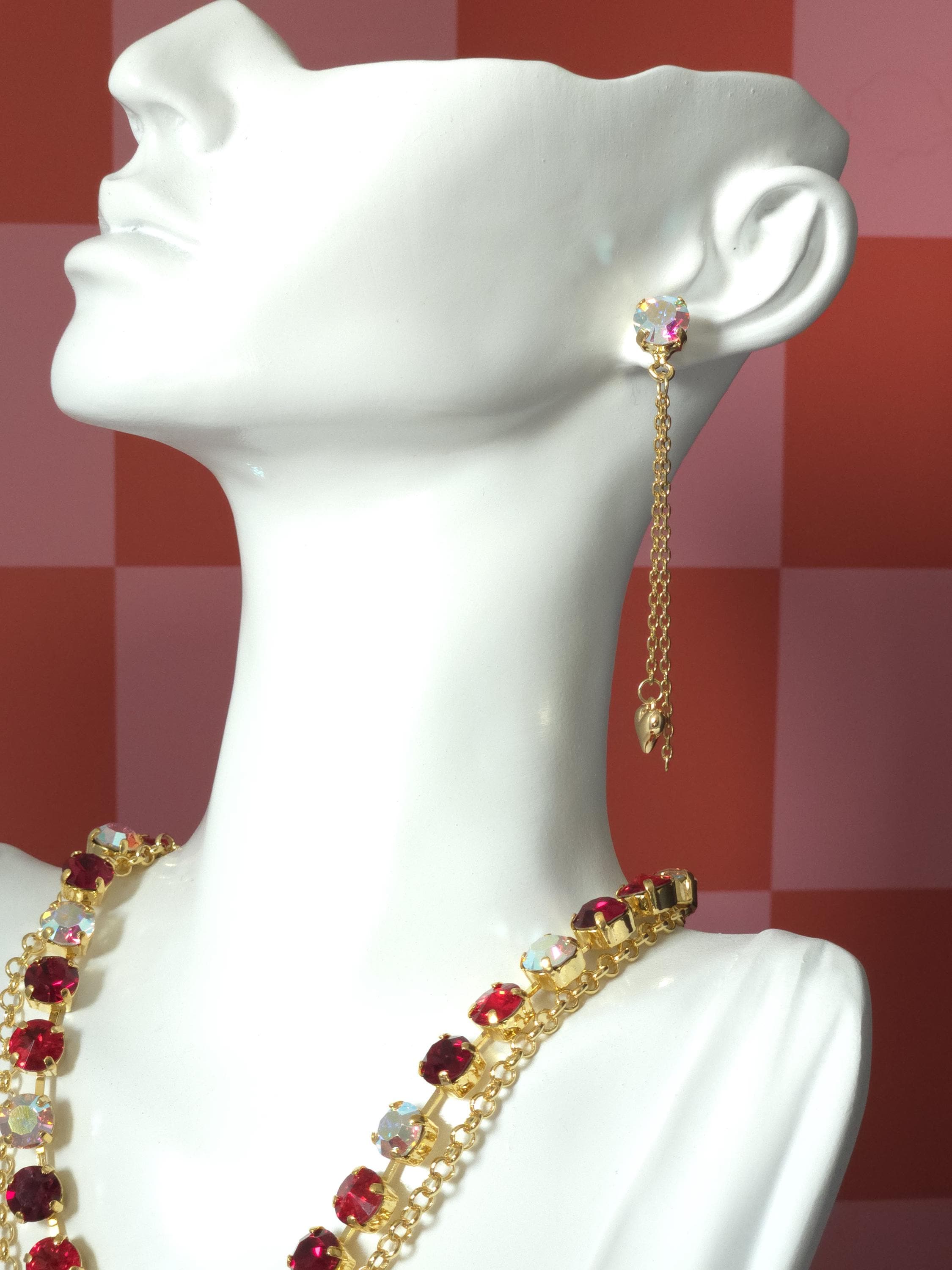 Queen's Card Swarovski Crystal Dangle Earrings | Handmade Gold Plated Heart Charm Earrings | Crystal AB Chain Dangle Earrings
