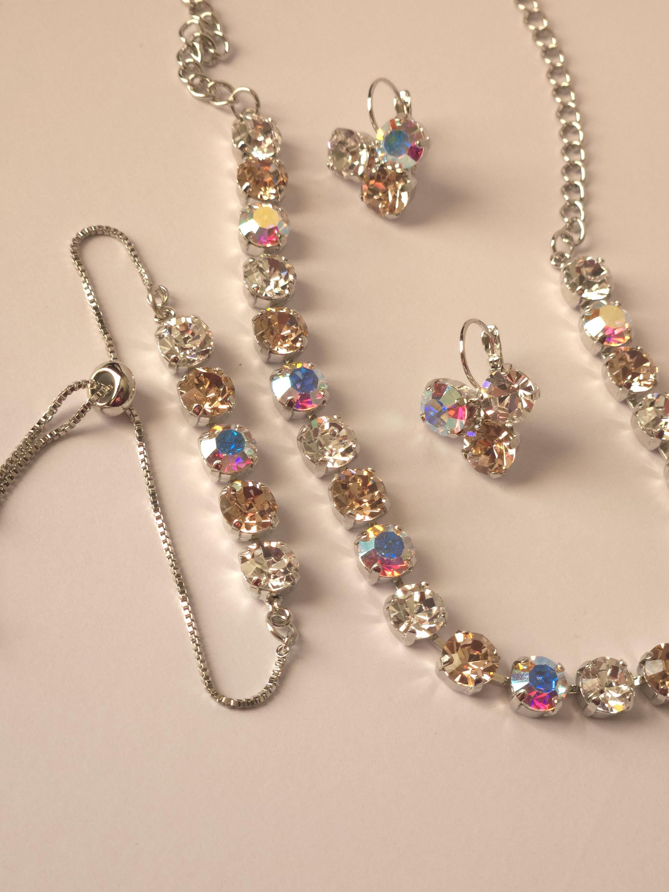 Rhodium Plated Crystal AB & Vintage Rose Jewelry Set | Swarovski, Preciosa Crystal Necklace, Earrings, Bracelet | Bridal Statement Jewelry