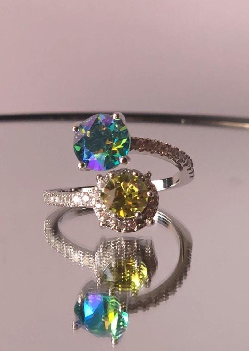 Swarovski Aqua Lemon Citrus Green Two-Stone Crystal Wrap Ring | Adjustable 925 Sterling Silver Plated Ring | Blue Green Halo Ring