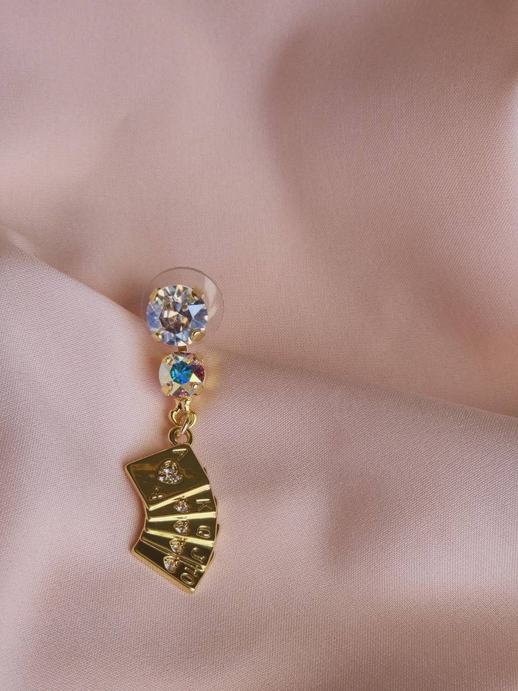 Stack the Deck Swarovski Crystal Earrings | Handmade Gold Ace Playing Card Charm Drop | Crystal Moonlight AB Stud | Vegas Lucky Jewelry