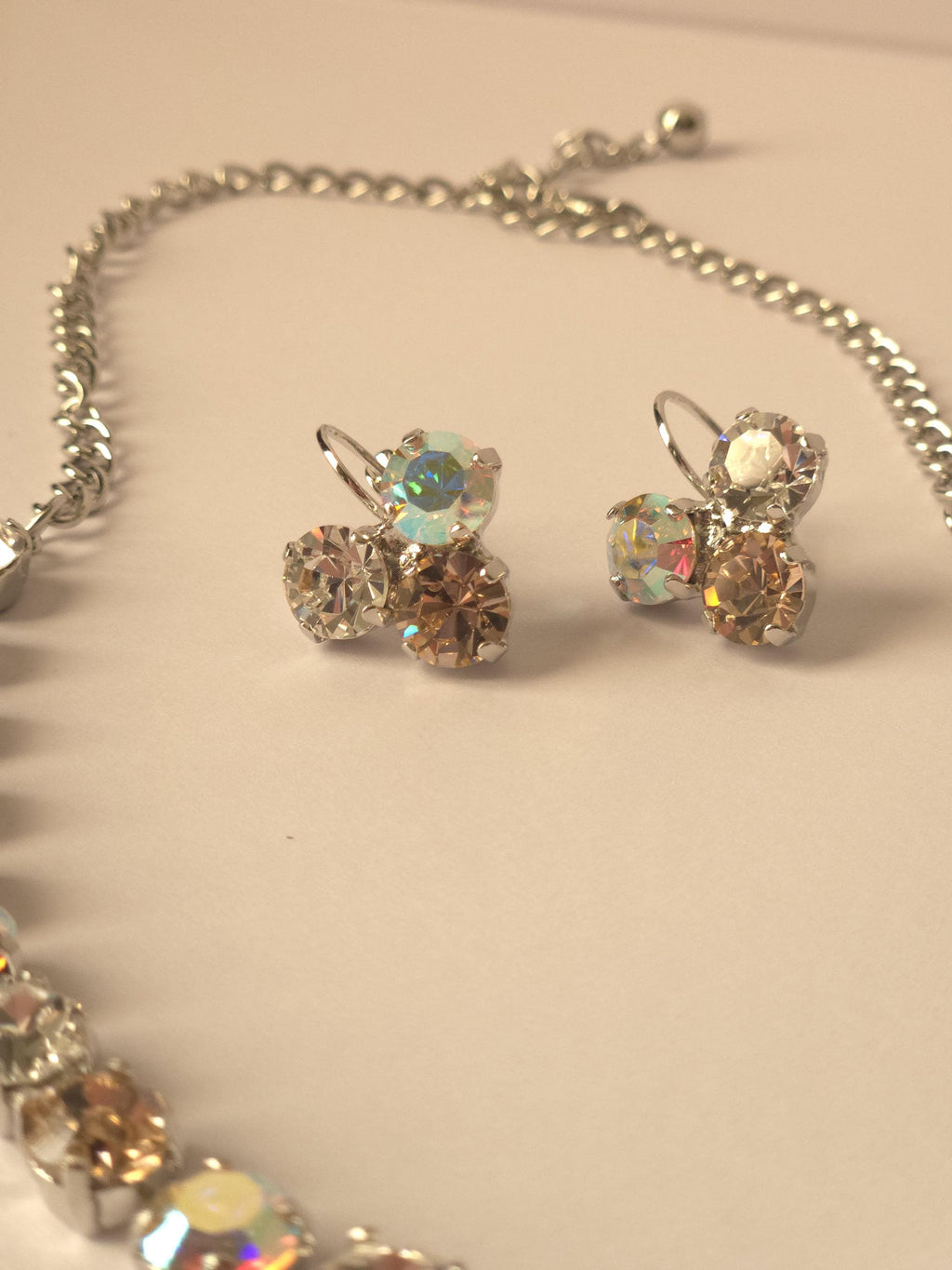 Rhodium Plated Crystal AB & Vintage Rose Jewelry Set | Swarovski, Preciosa Crystal Necklace, Earrings, Bracelet | Bridal Statement Jewelry
