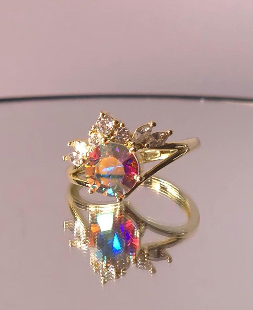Crystal Crown Ring | Adjustable Gold Plated Cluster Ring | Genuine Swarovski Crystal, CZ Accents | Sparkling Crystal AB