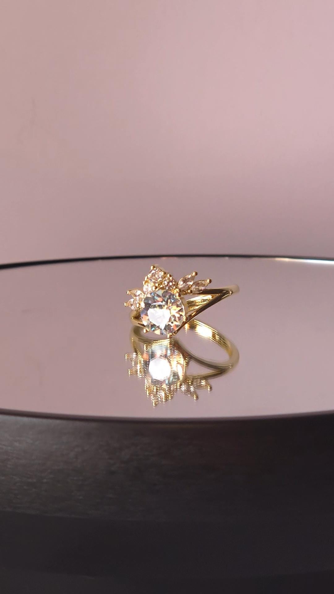 Crystal Crown Ring | Adjustable Gold Plated Cluster Ring | Genuine Swarovski Crystal, CZ Accents | Sparkling Crystal Moonlight