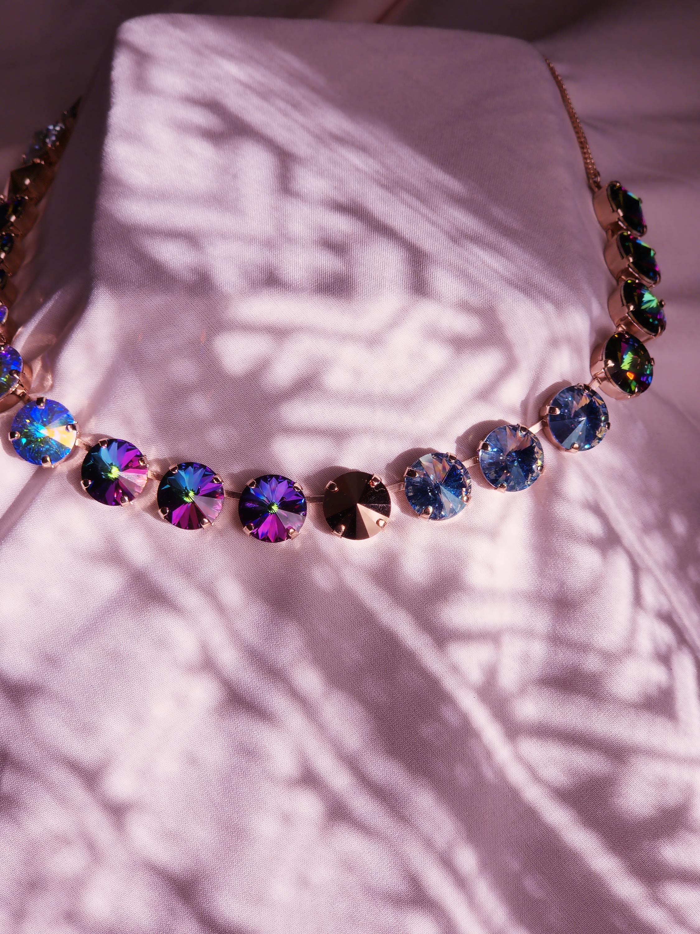 April Showers Swarovski Crystal Necklace | Handmade Rose Gold Statement Necklace | Rainbow Blue Electra Crystal Choker