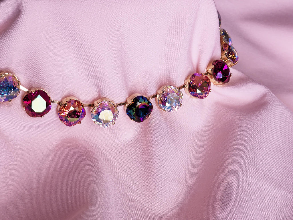Swarovski Crystal Aurora Borealis Tears of Isis Statement Necklace | Gold Tone Cushion Cut Cascade