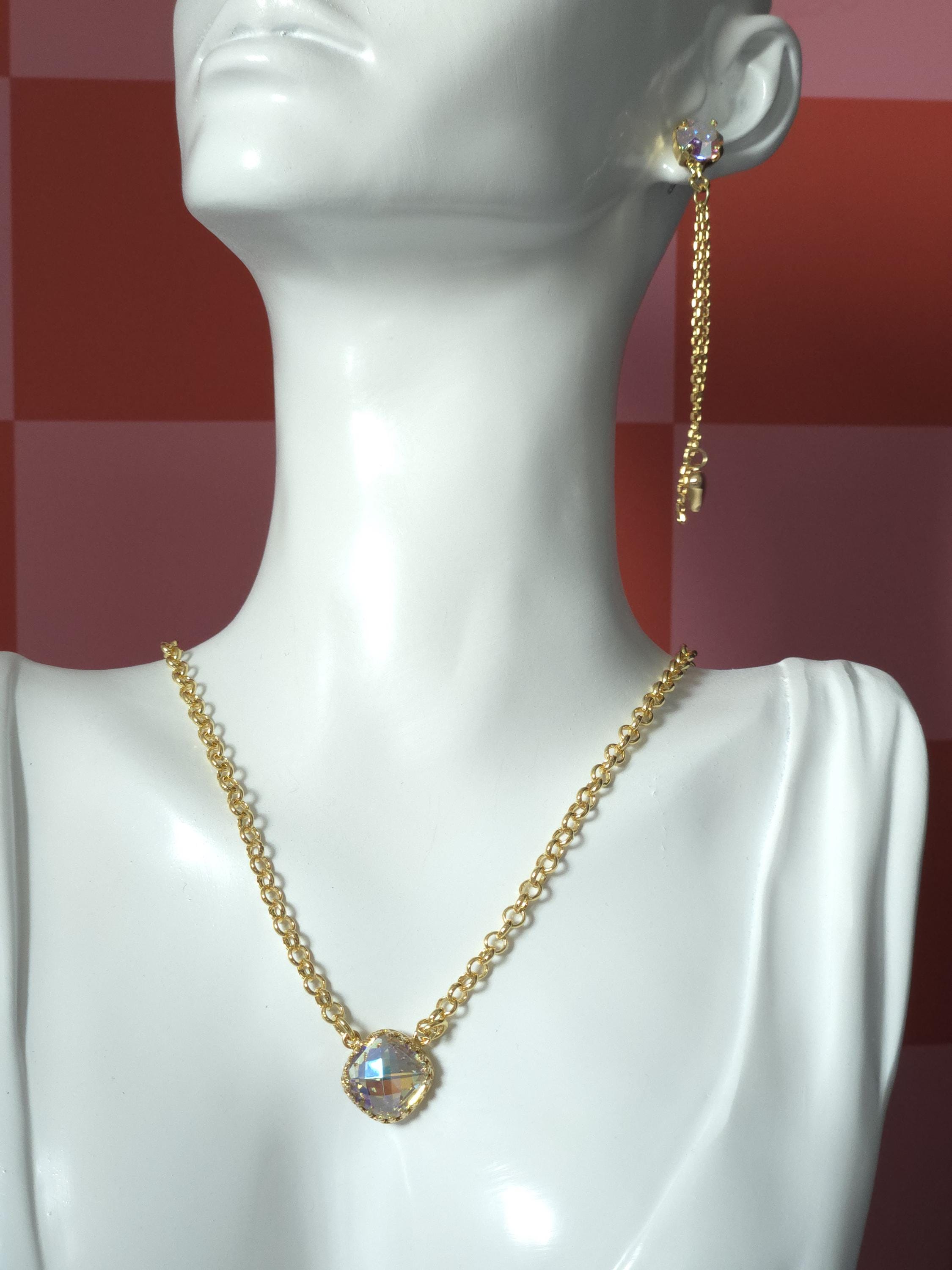 Queen's Card Swarovski Crystal Dangle Earrings | Handmade Gold Plated Heart Charm Earrings | Crystal AB Chain Dangle Earrings