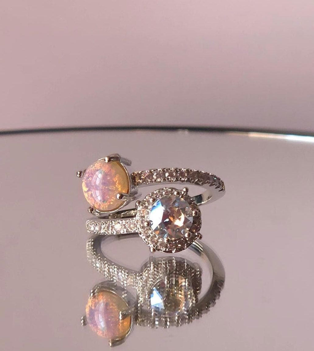 Swarovski Crystal Moonlight Two-Stone Crystal Wrap Ring | Adjustable 925 Sterling Silver Plated Ring | Vintage Fire Opal RARE
