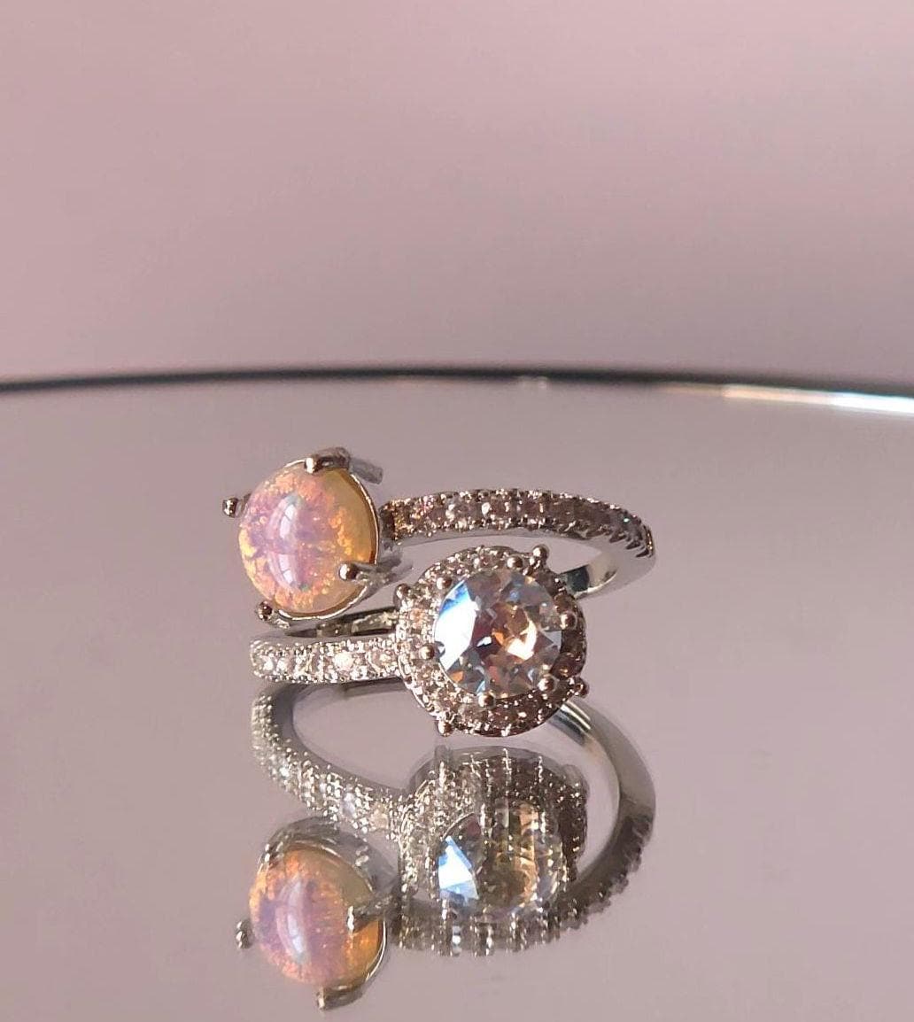 Swarovski Crystal Moonlight Two-Stone Crystal Wrap Ring | Adjustable 925 Sterling Silver Plated Ring | Vintage Fire Opal RARE