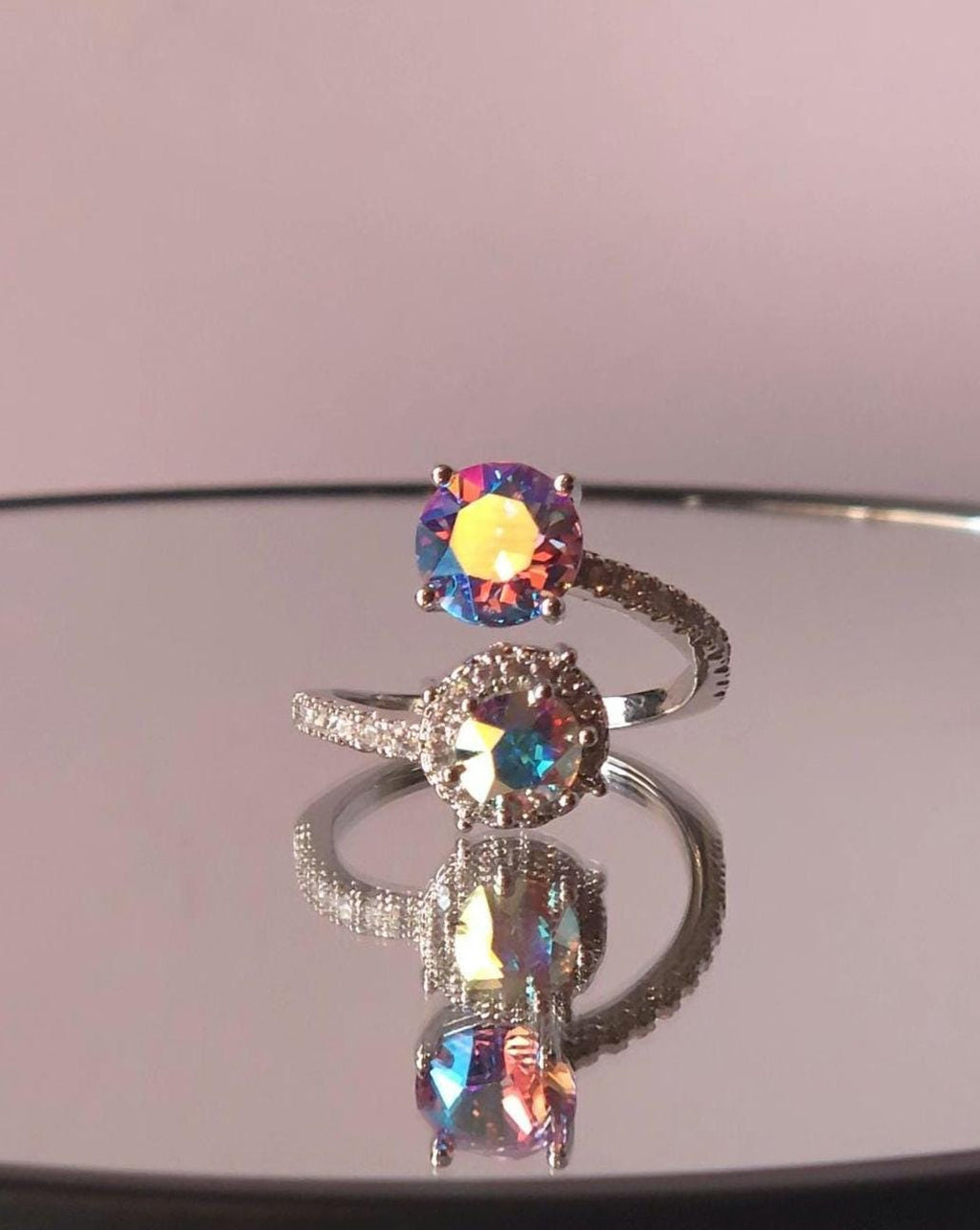 Swarovski Rose Shimmer Crystal AB Two-Stone Crystal Wrap Ring | Adjustable 925 Sterling Silver Plated Ring | Iridescent Halo Ring