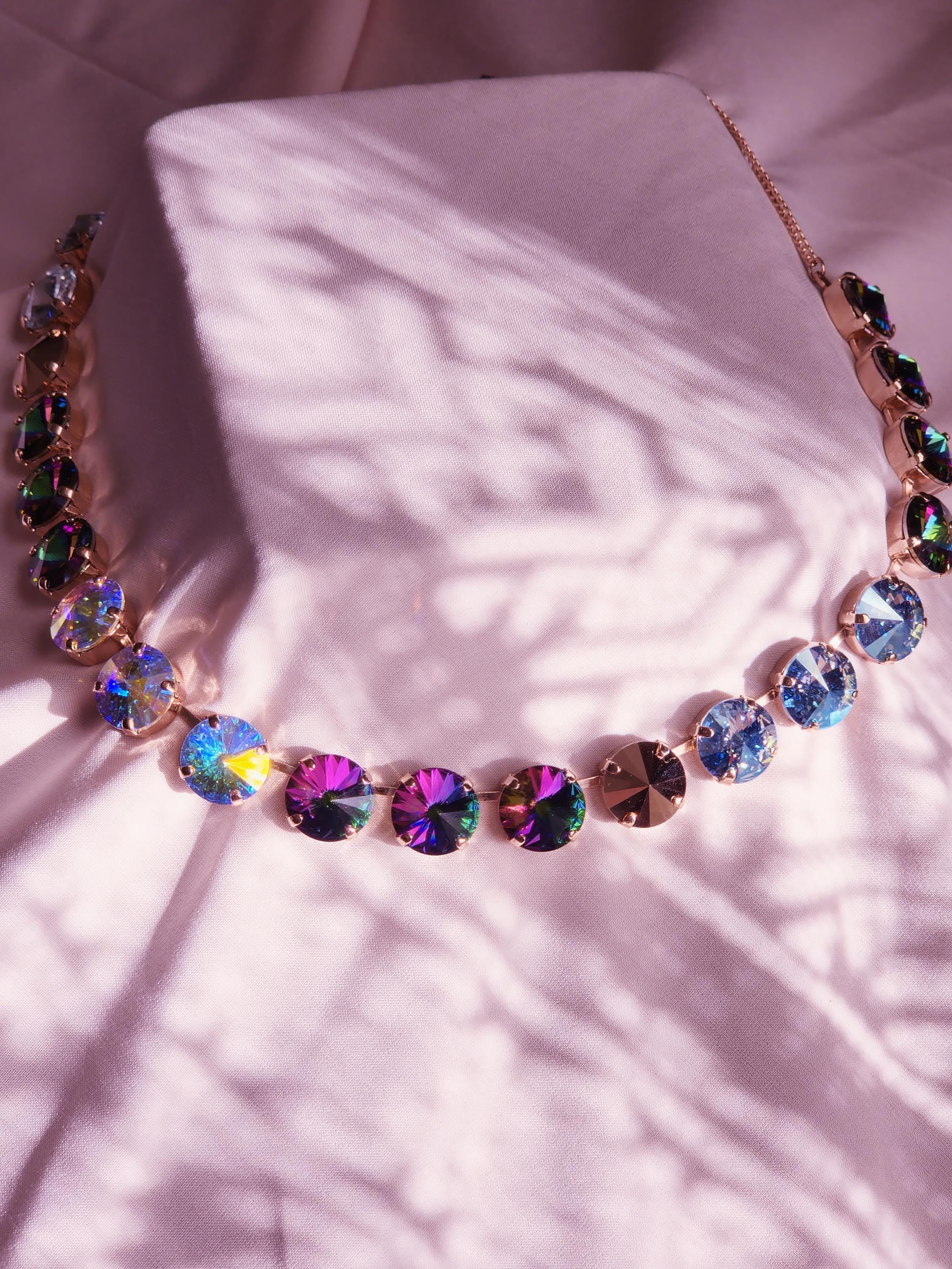 April Showers Swarovski Crystal Necklace | Handmade Rose Gold Statement Necklace | Rainbow Blue Electra Crystal Choker